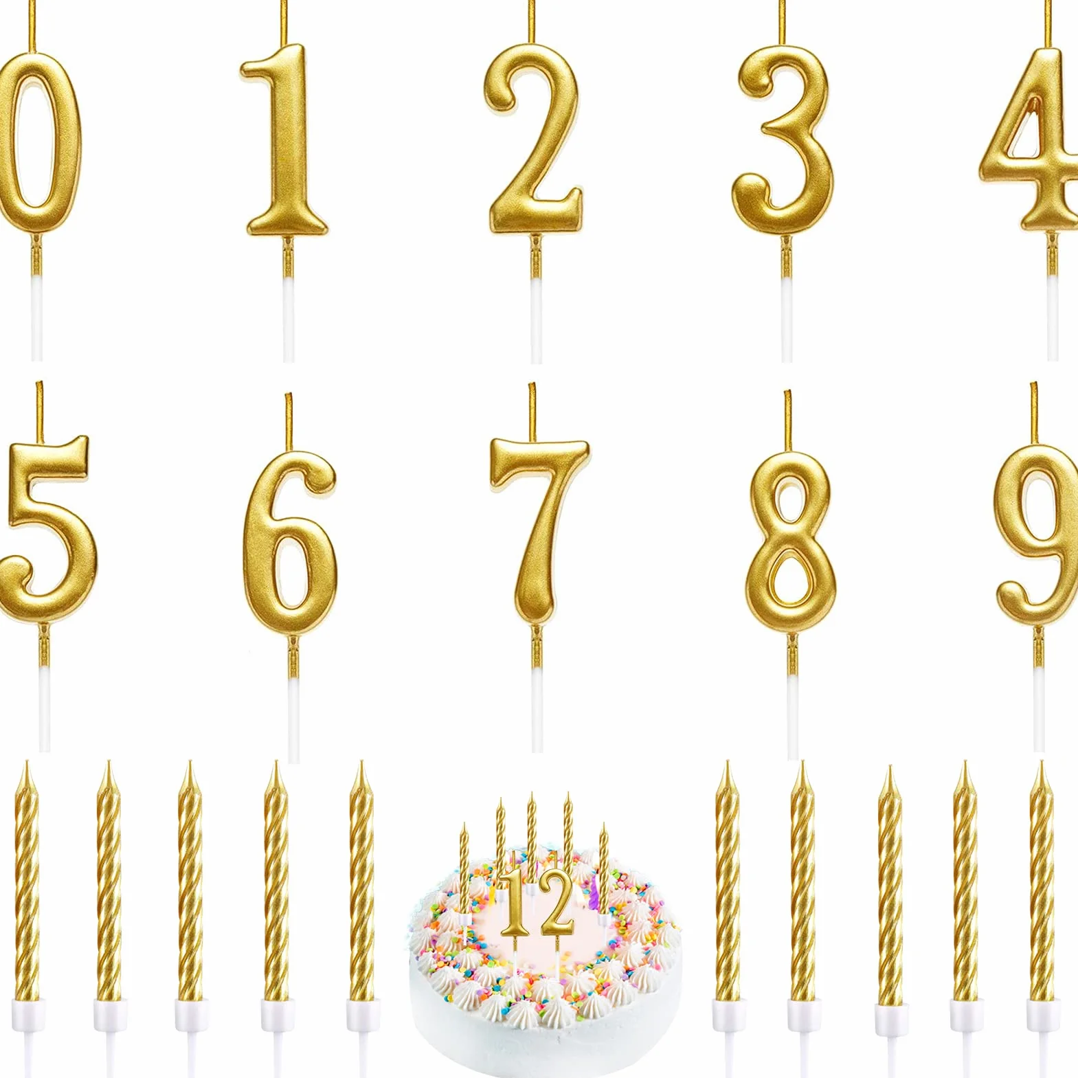 Bougies Anniversaire Chiffre 0-9 Kit 20 Pièces Doré Spirale