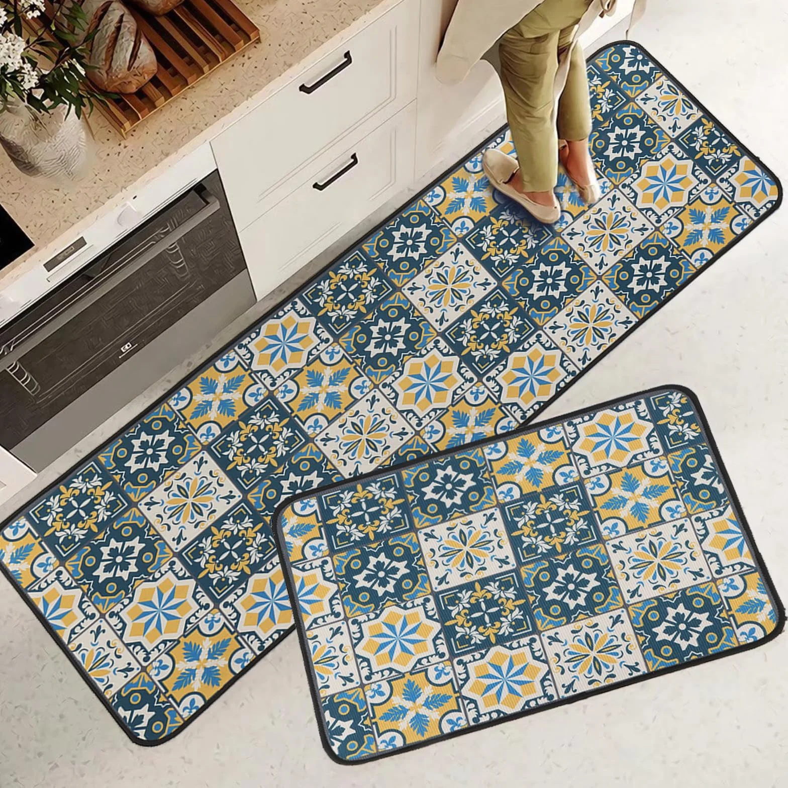 Lot de 2 tapis de cuisine vintage antidérapants lavables anti-fatigue 40 x 60 + 40 x 120 cm