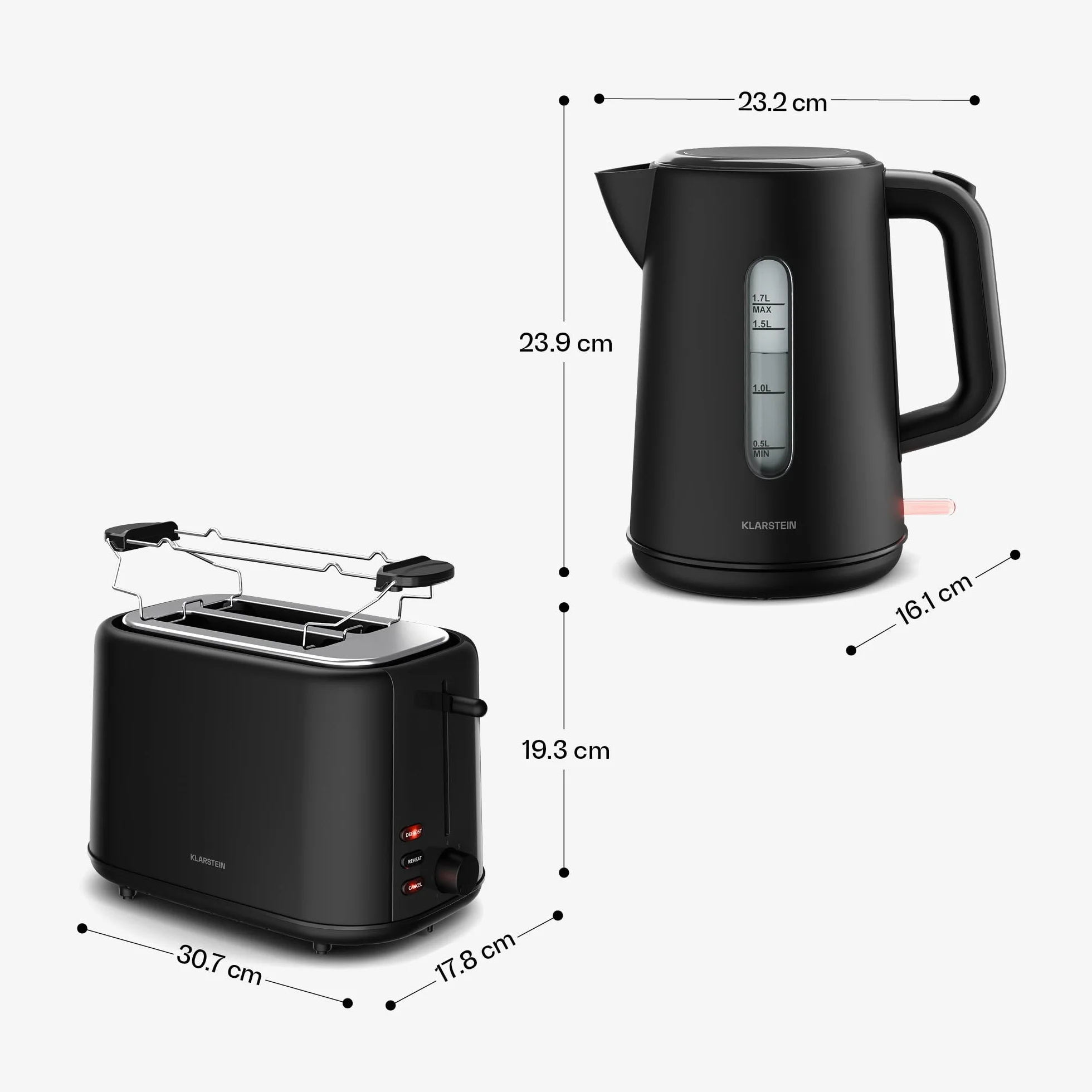 Klarstein Velaire Essential Set Petit-Déjeuner Grille-Pain 2 Fentes 7 Niveaux Bouilloire Électrique 1,7L