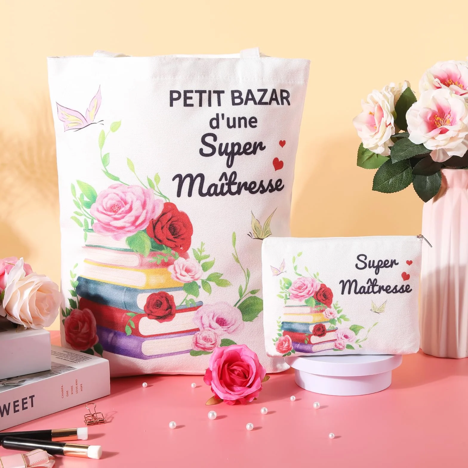 Cadeau Maîtresse d'École Fin d'Année avec Tote Bag Sac de Papeterie Boîte Cadeau Personnalisé