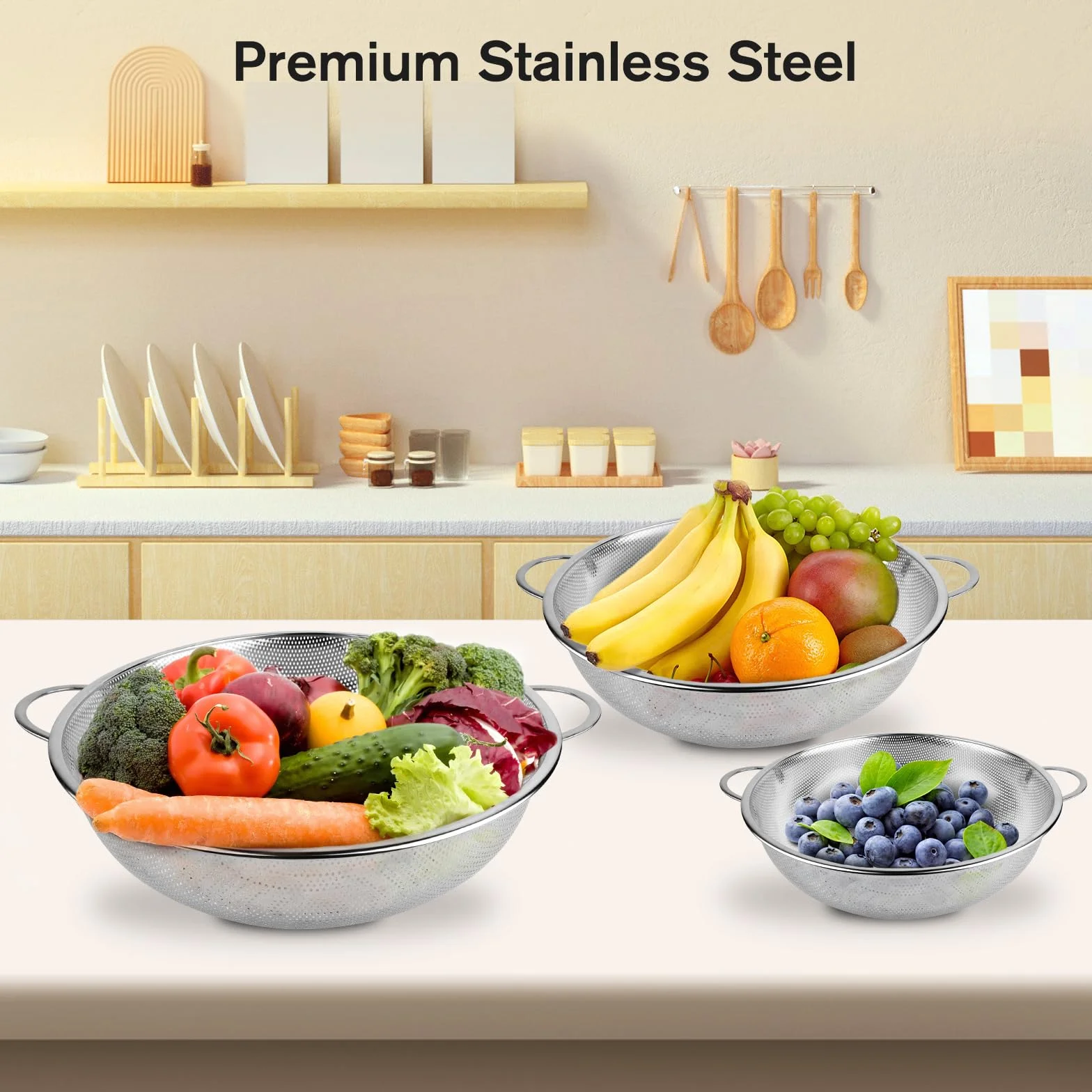 Passoire Cuisine Inox Poignées Tamis Micro Perforée Crépine Mailles Fines Polie Brillante Métal Pour Pâtes Fruits Légumes