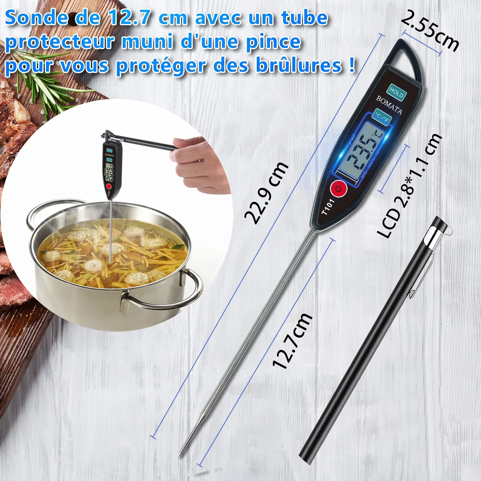 BOMATA Thermomètre étanche IPX7 T101 Noir, sonde longue lecture instantanée