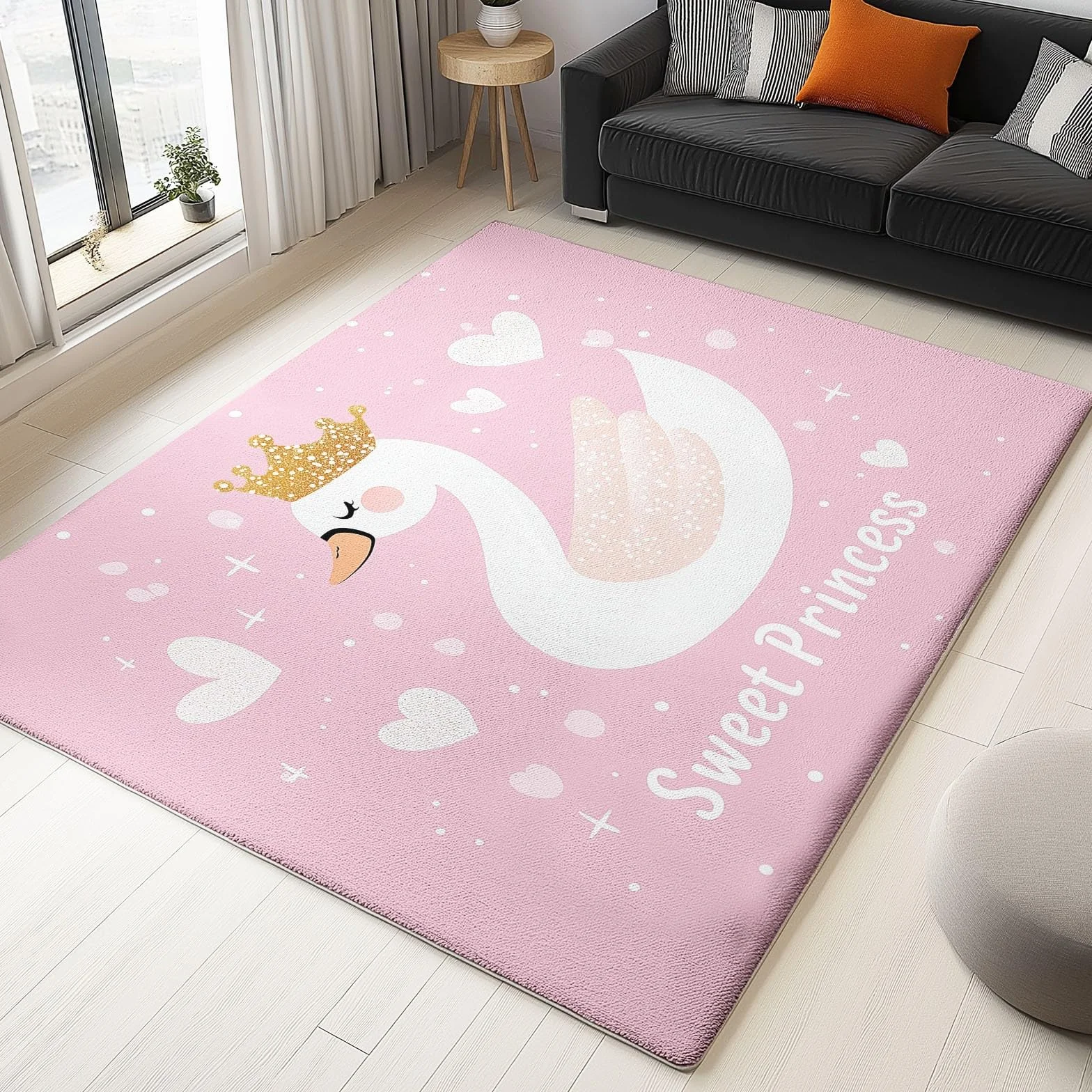 Tapis Salon Poil Court Lavable Antidérapant 60x110 cm Rose Blanc Motif Cygne Princesse