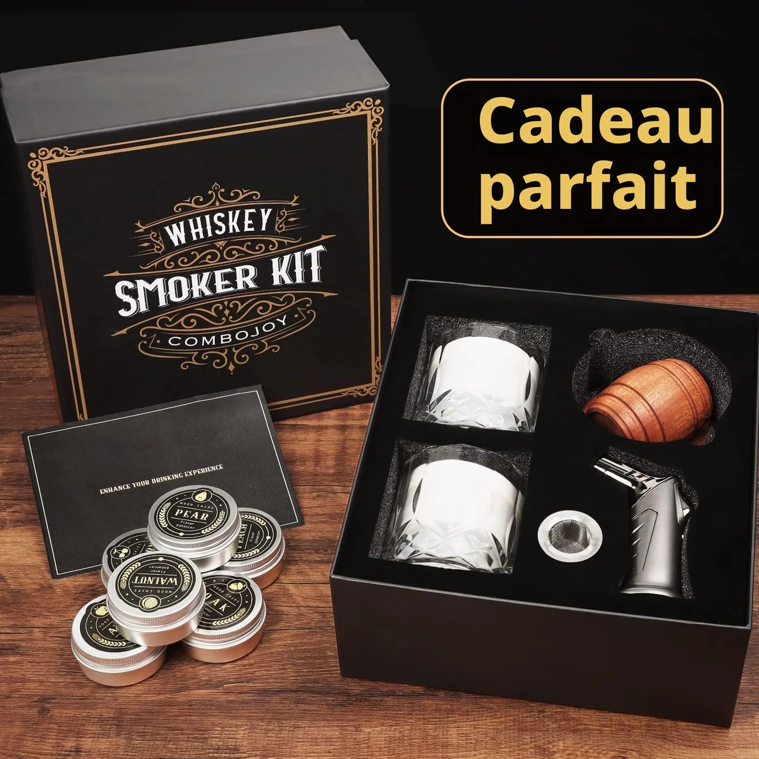 Kit de Fumoir pour Whisky avec Chalumeau - 6 Arômes de Copeaux de Bois, 2 Verres, 2 Moules à Glaçons Sphériques - Kit Fumoir Cocktail, Cadeau Homme