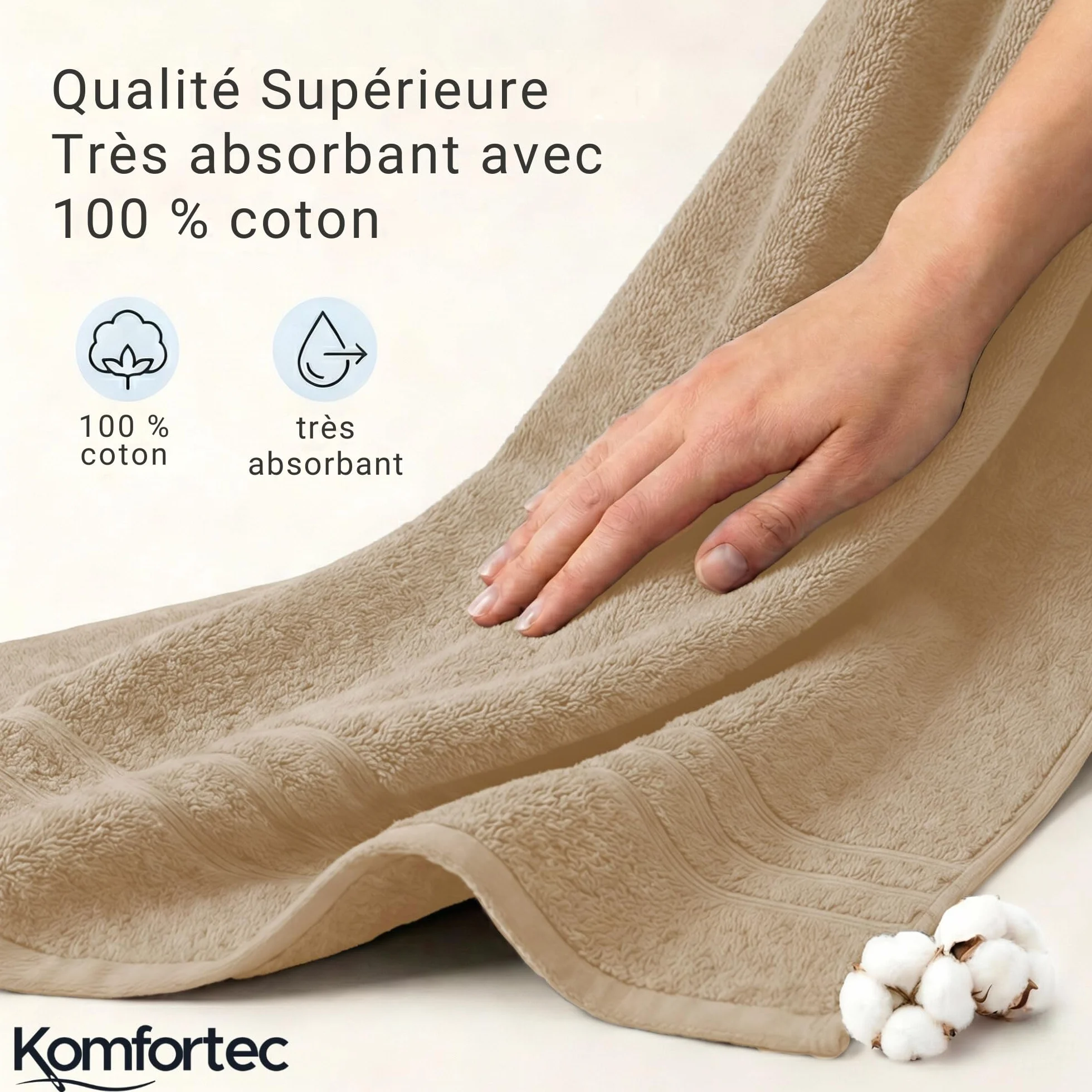 Komfortec Lot de 2 Serviettes de Sauna 80 x 200 cm 100% Coton XXL Beige