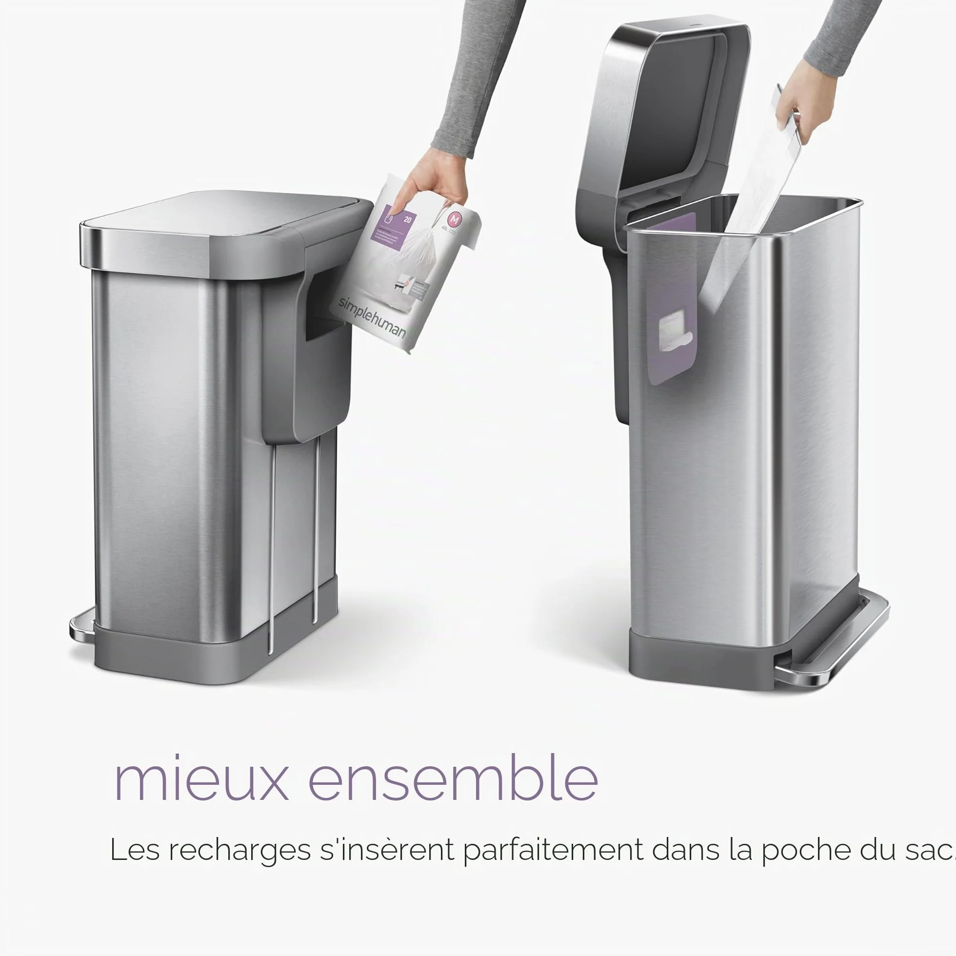 Simplehuman CW2025 poubelle de recyclage rectangulaire acier inoxydable brossé 58 litres 2 bacs