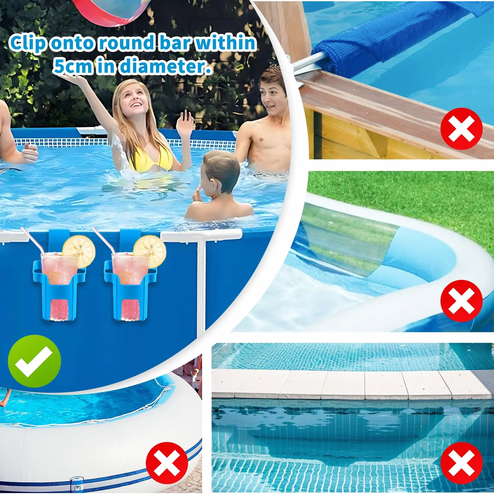 Lot de 4 porte-gobelets de piscine sans déversement - Accessoires en plastique bleu