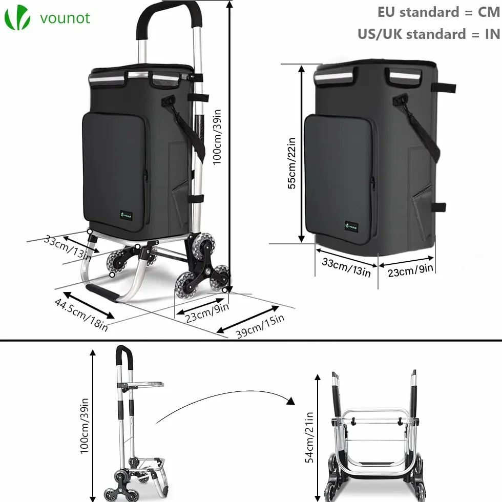 VOUNOT Chariot de Courses 6 Roues en Aluminium Isotherme Pliable 3 en 1 Noir