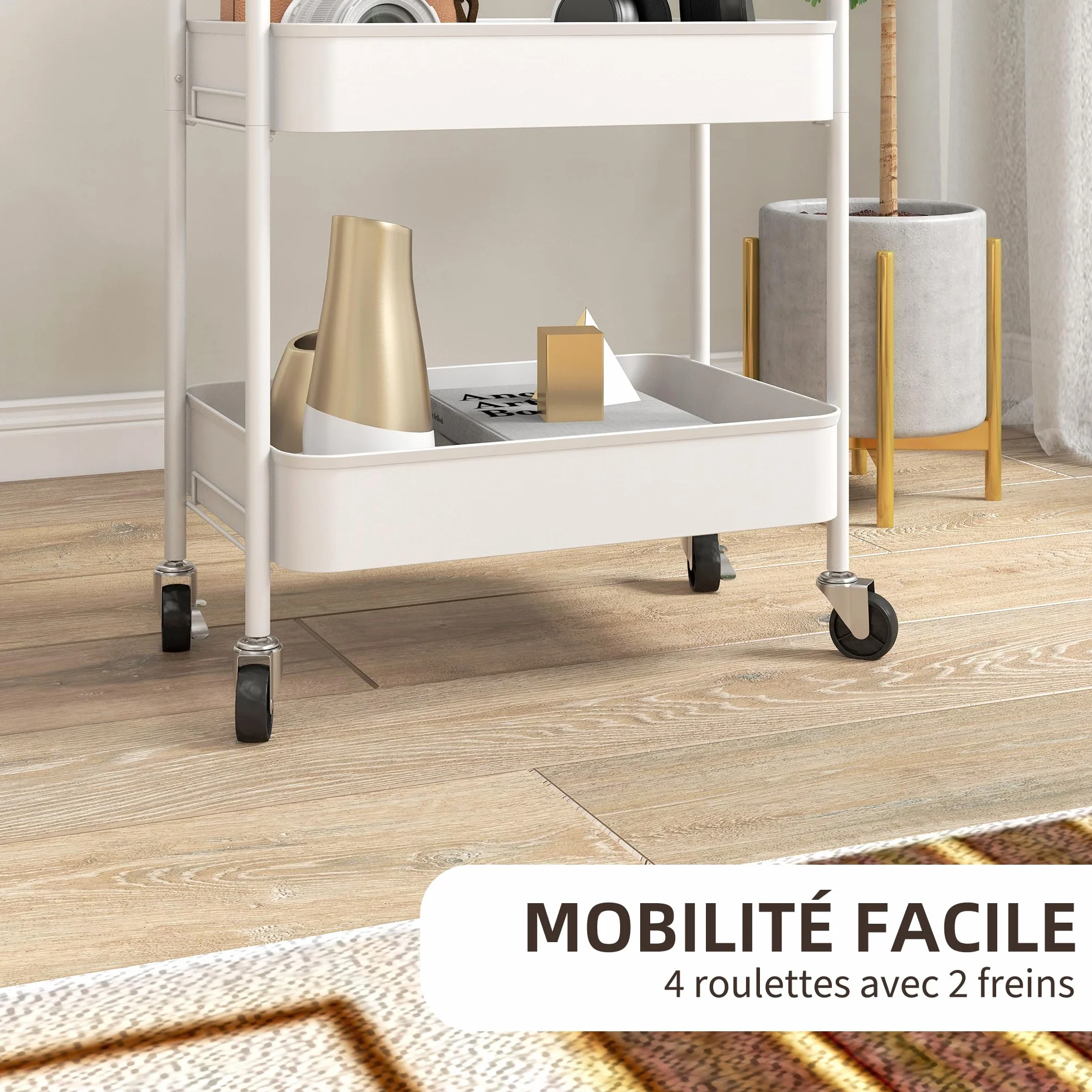 HOMCOM Chariot de Rangement en Acier 3 Niveaux Plateaux ajourés 45 x 30,6 x 79 cm Blanc