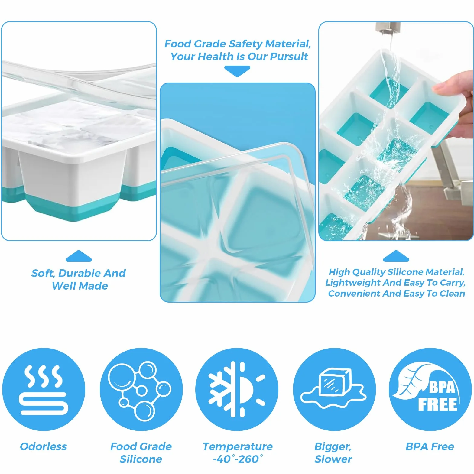 Bac à Glaçons en Silicone avec Couvercle 2 Pièces Empilable Sans BPA Vert Bleu