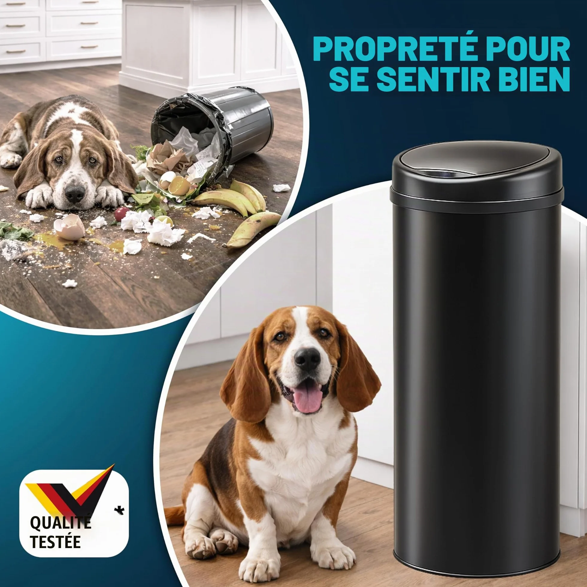 Poubelle automatique acier inoxydable 30L capteur mouvement imperméable sans contact LED USB noir