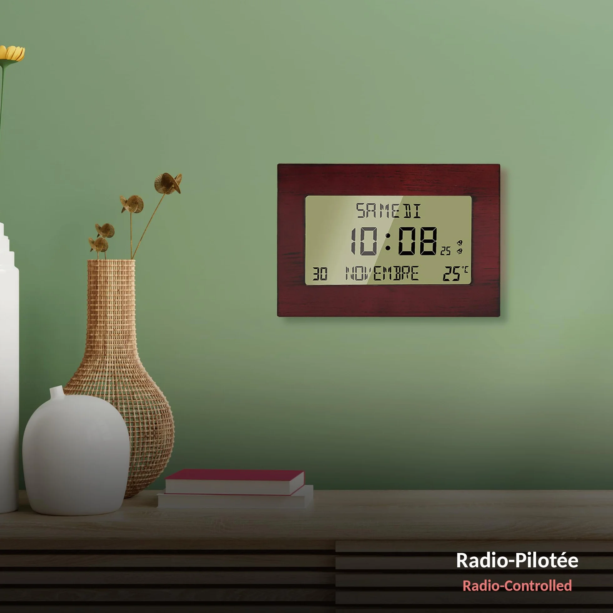 Fishtec Horloge Réveil Numérique Radiopilotée Motif Bois Grand Écran LCD Date Jour Température Double Alarme Snooze 23 x 16 cm