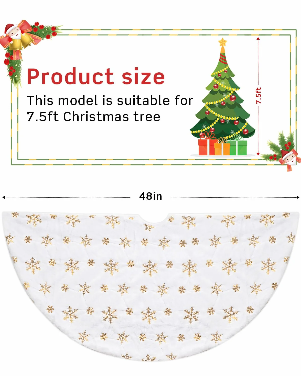 COOLWUFAN 48in 120cm Jupe de Sapin de Noël Blanc Doré Sequin Flocon de Neige