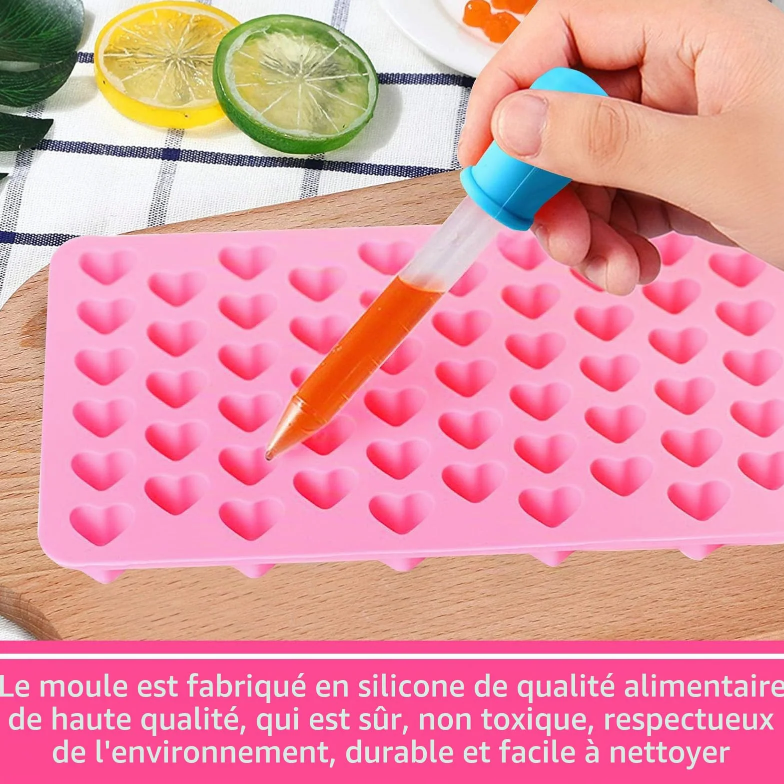 Moules en Silicone pour Oursons, Anti-adhésif, Forme de Cœur, 55 Cœurs/50, Lot de 2 avec Compte-gouttes