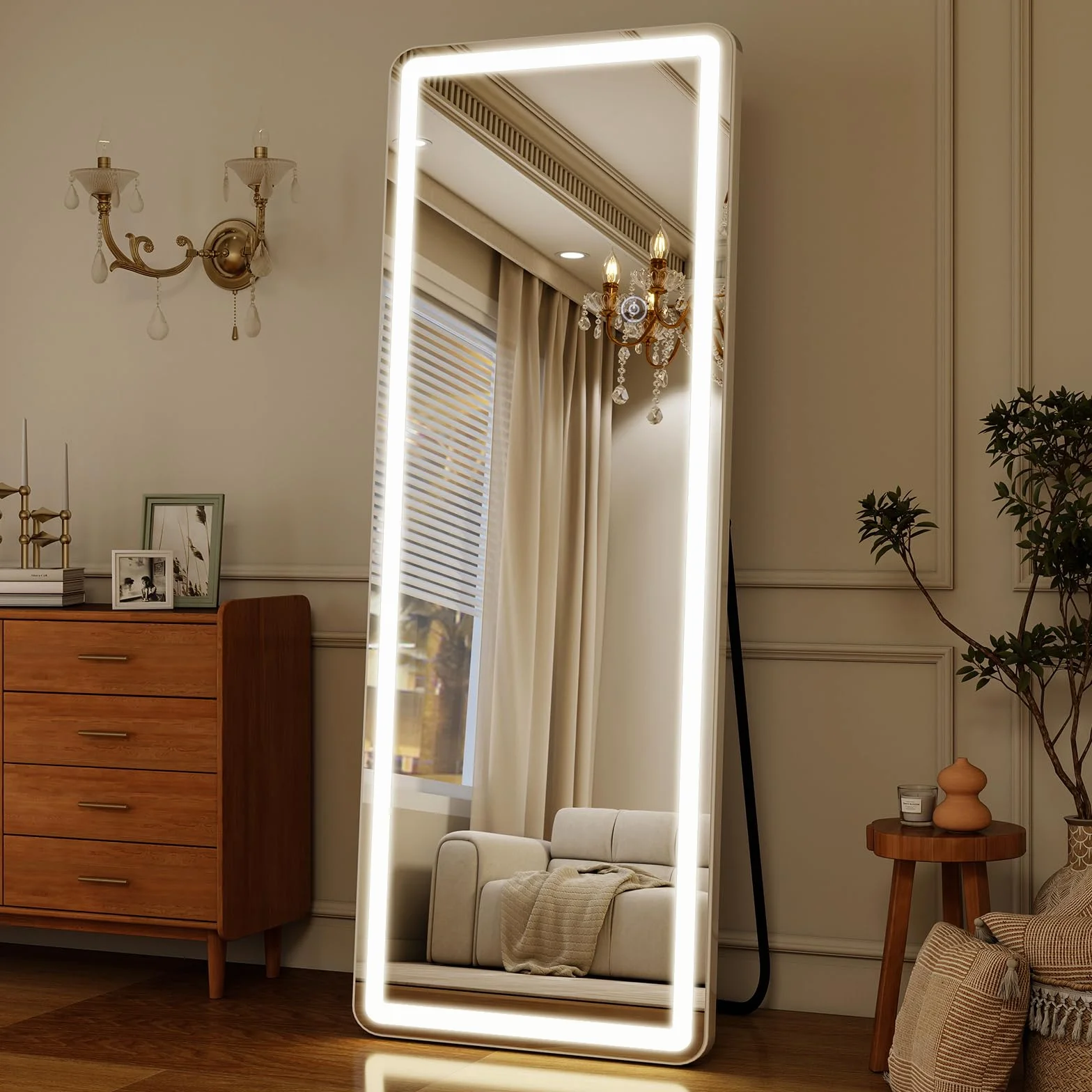 Miroir Pleine Longueur 164 x 60 cm avec éclairage LED, Verre de sécurité, Variateur d'intensité, Miroir sur Pied