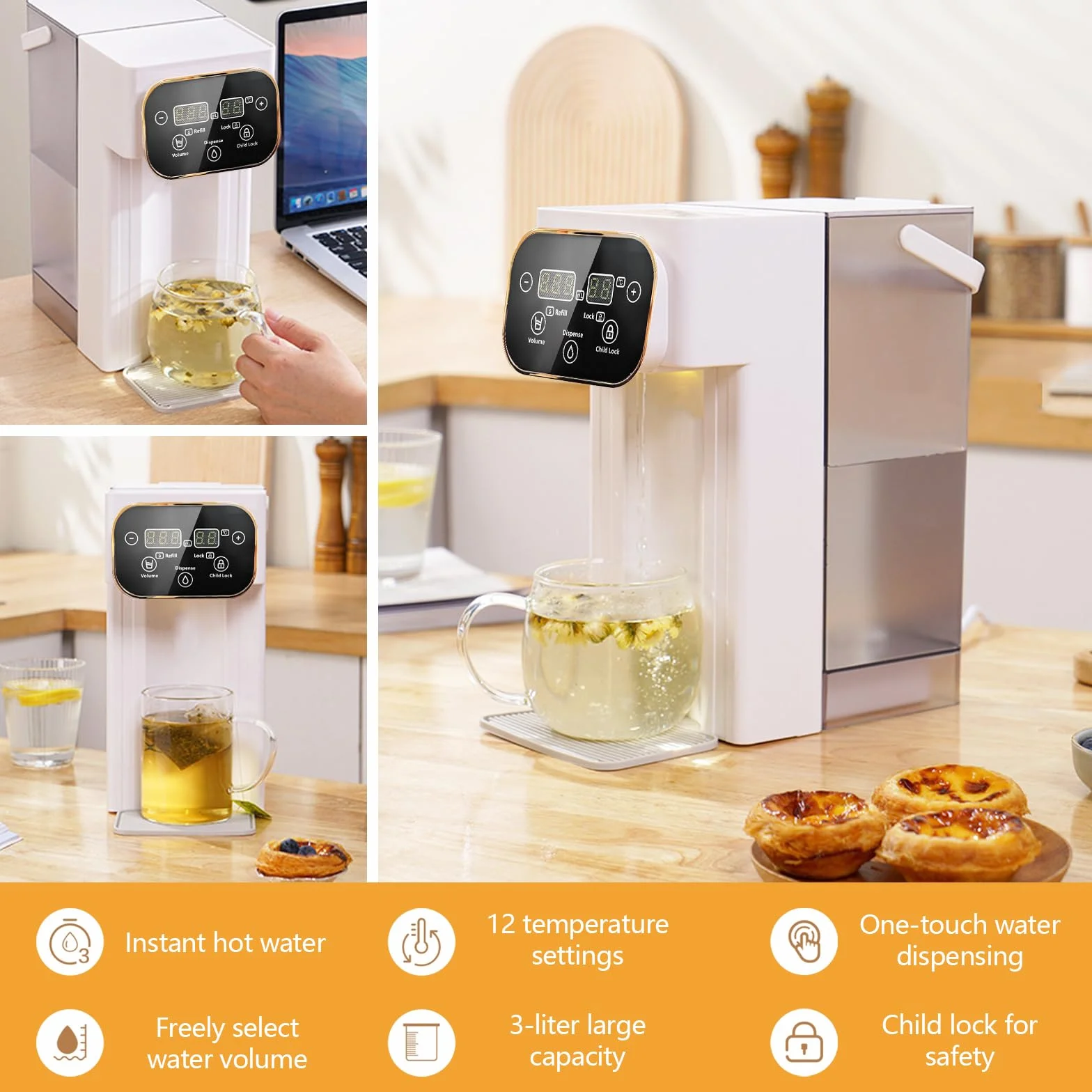 Distributeur d'Eau Chaude 3L Numérique Instantané écran Tactile LED 12 Réglages Température 8 Réglages Volume Filtre Charbon Actif