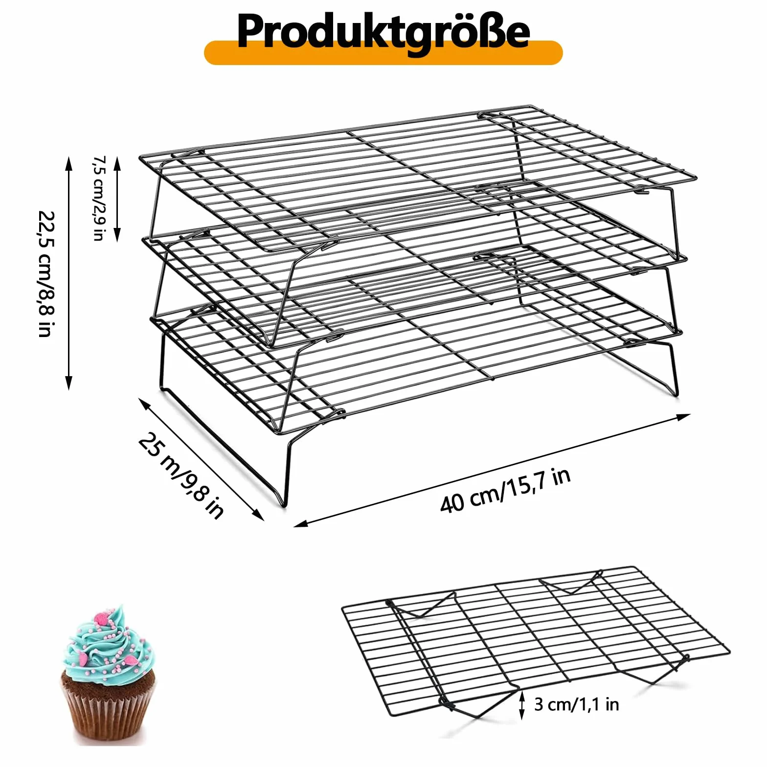 Grille de Refroidissement Acier Inoxydable 40 x 25 cm Lot de 3 Empilables Noir