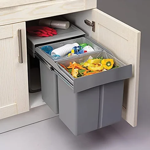 Poubelle de cuisine coulissante 2 bacs 42 L Gris Métal/PP 400x343 mm