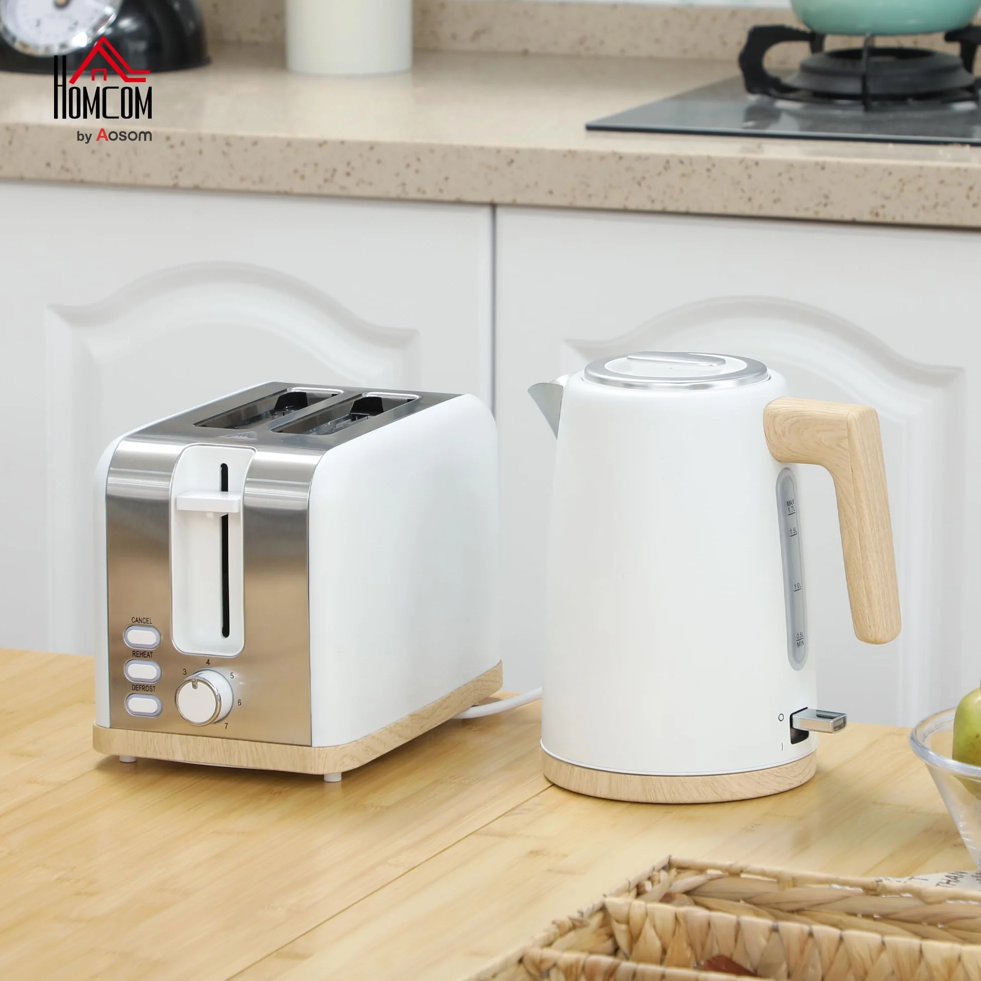 HOMCOM Bouilloire et Grille-Pain 2200W, 1,7 L Acier Inoxydable, 2 Tranches, 7 Niveaux de Brunissage, Blanc