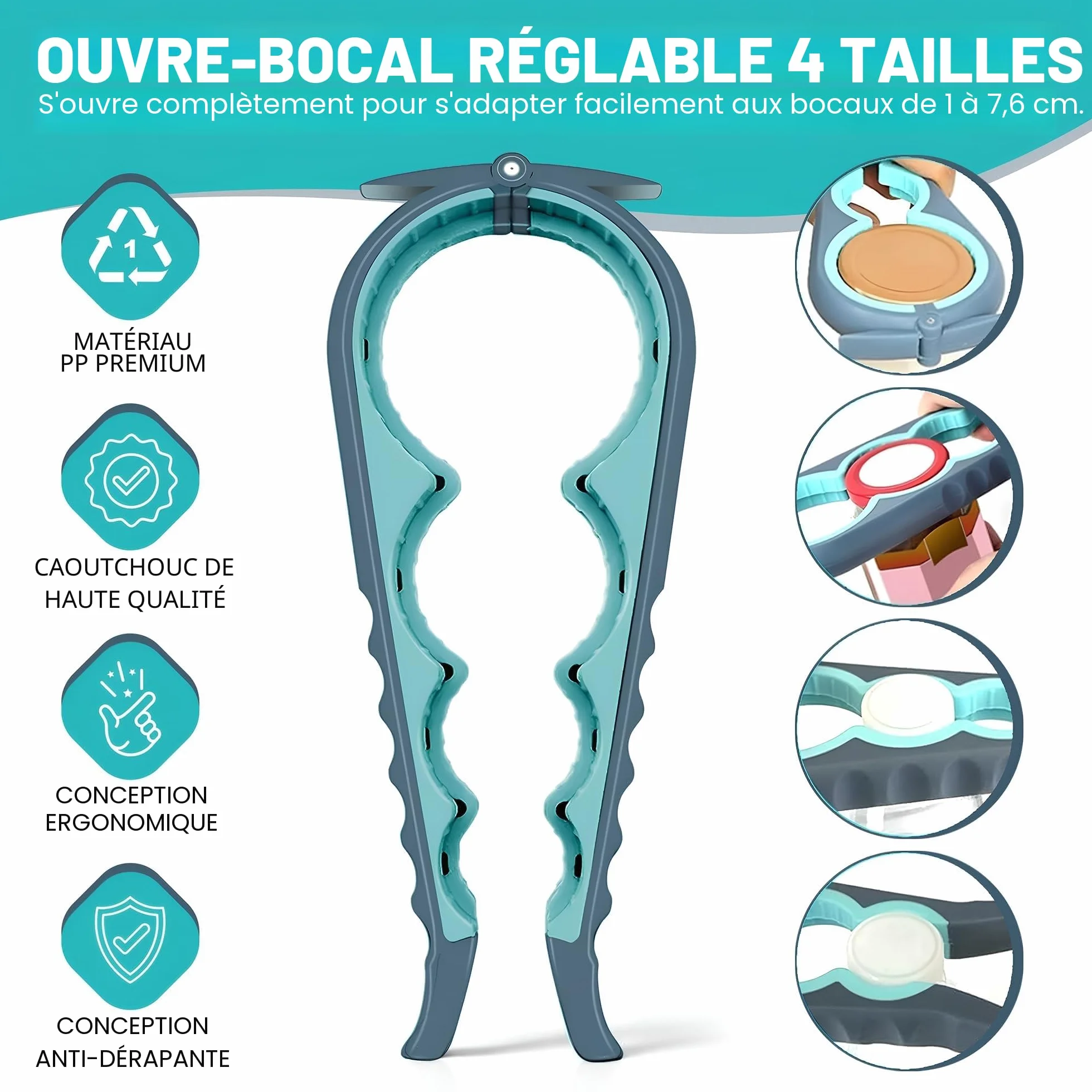 Ouvre-bocal multifonction 5 en 1 avec caoutchouc antidérapant pour mains faibles et arthritiques