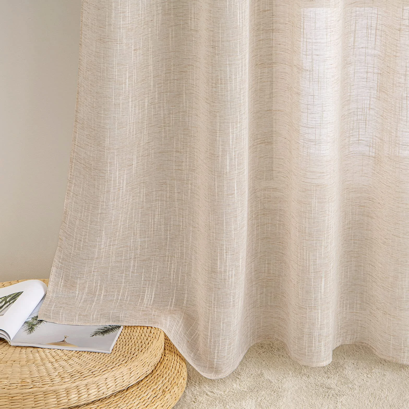 Rideau Voilage Lin 140x225 cm Lot de 2 Riz Blanc MIULEE
