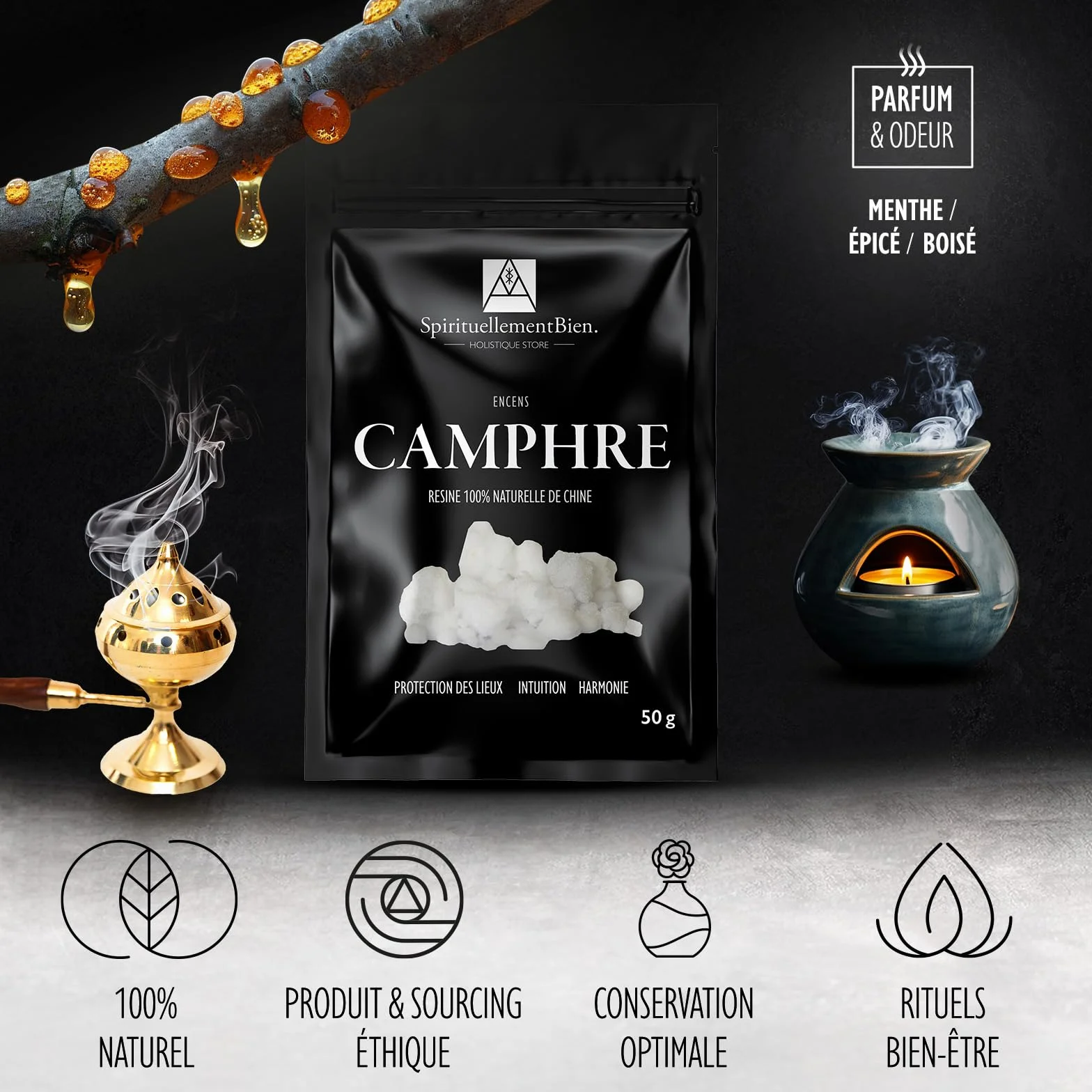 Encens Camphre résine 100% Naturel en Grain 50gr pour Fumigation Protection des lieux
