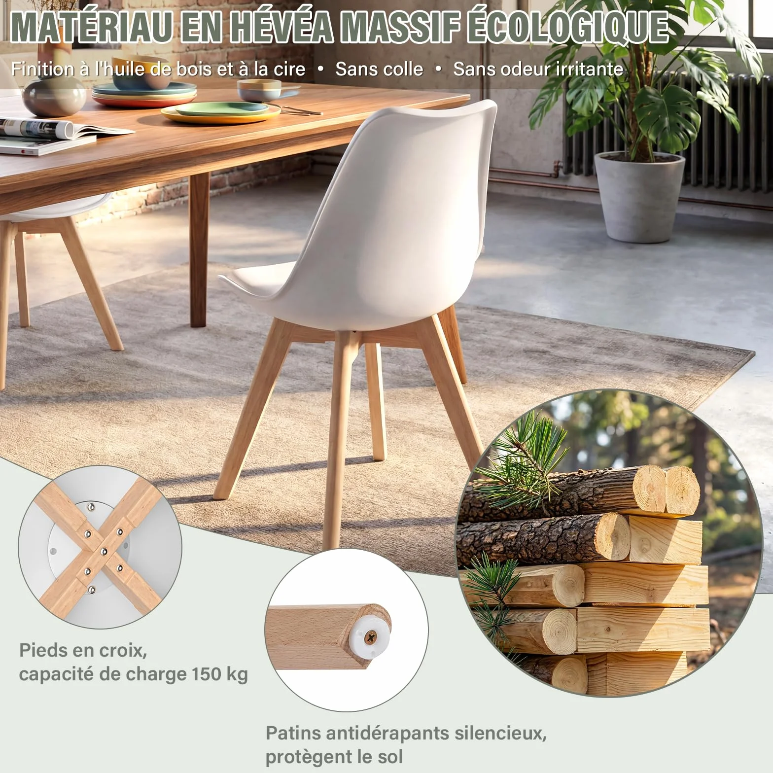 TEENO Chaises Salle à Manger Lot de 4, Scandinaves Bois Blanc