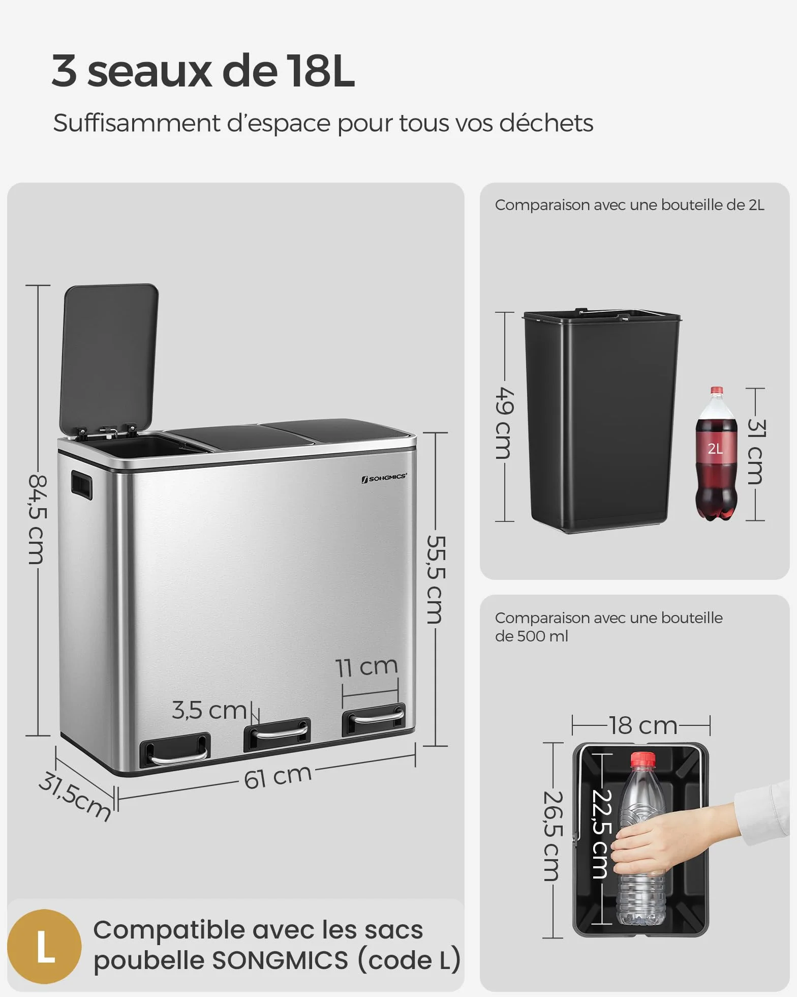 SONGMICS Poubelle Cuisine 3x18L Tri Compartiments Acier Argent Métallique Noir LTB54NL
