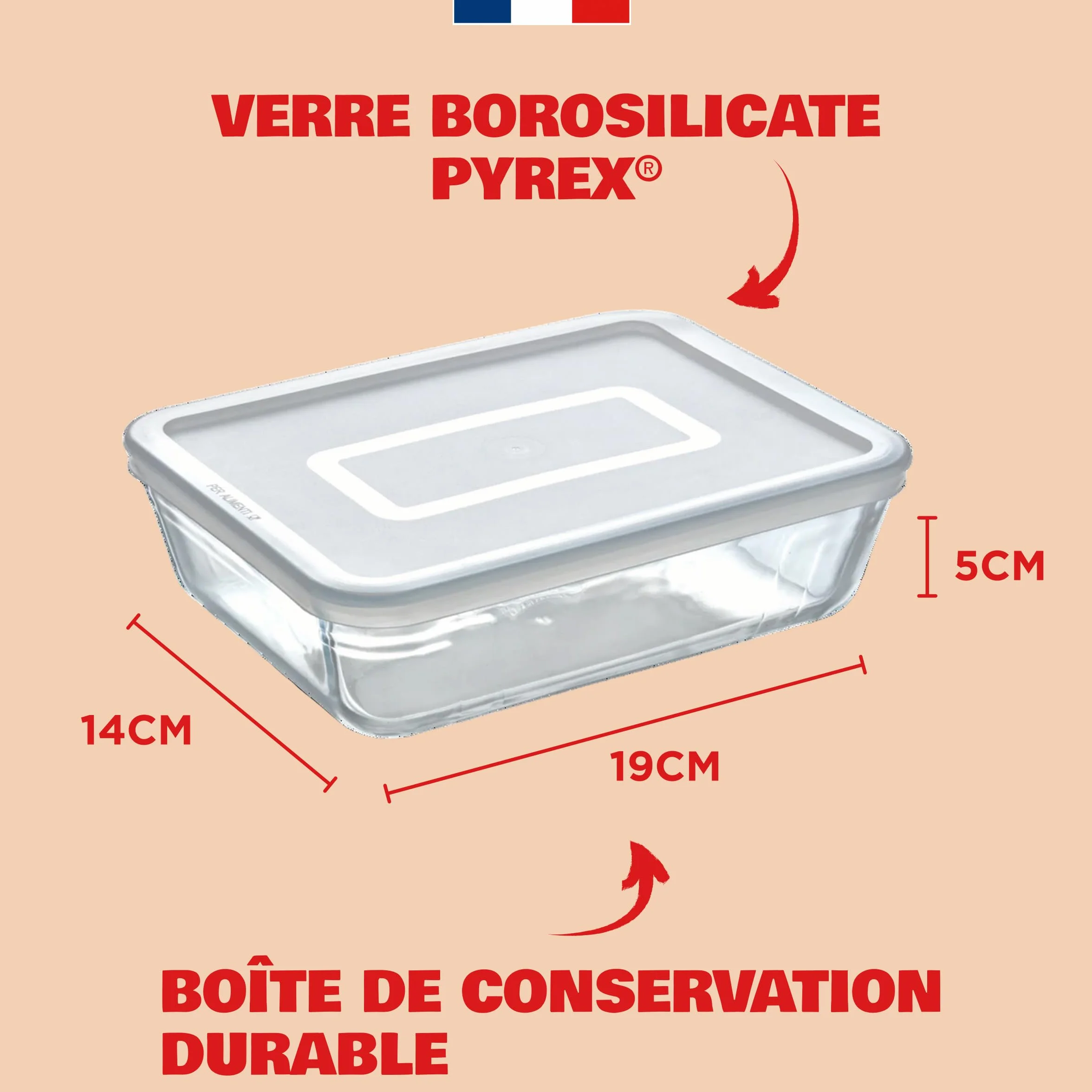 Pyrex Boîte de Conservation Rectangulaire 19x14 cm Verre borosilicate Plat à Four