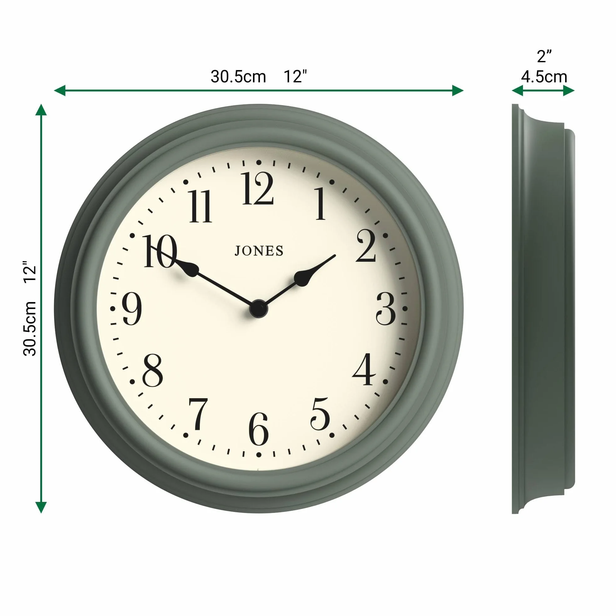 JONES CLOCKS Horloge Murale Ronde Classique 30cm Vert Chiffres Arabes