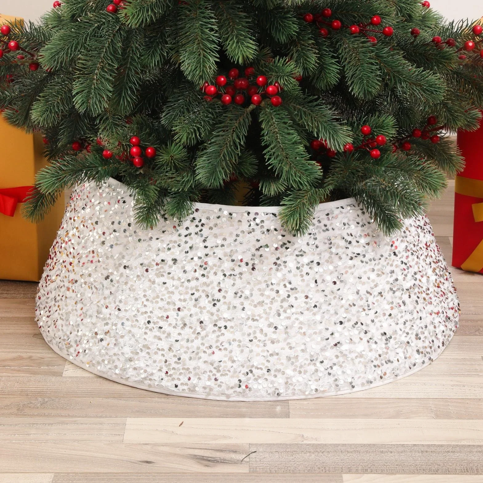Couvre-Pied de Sapin de Noël à Paillettes Blanc