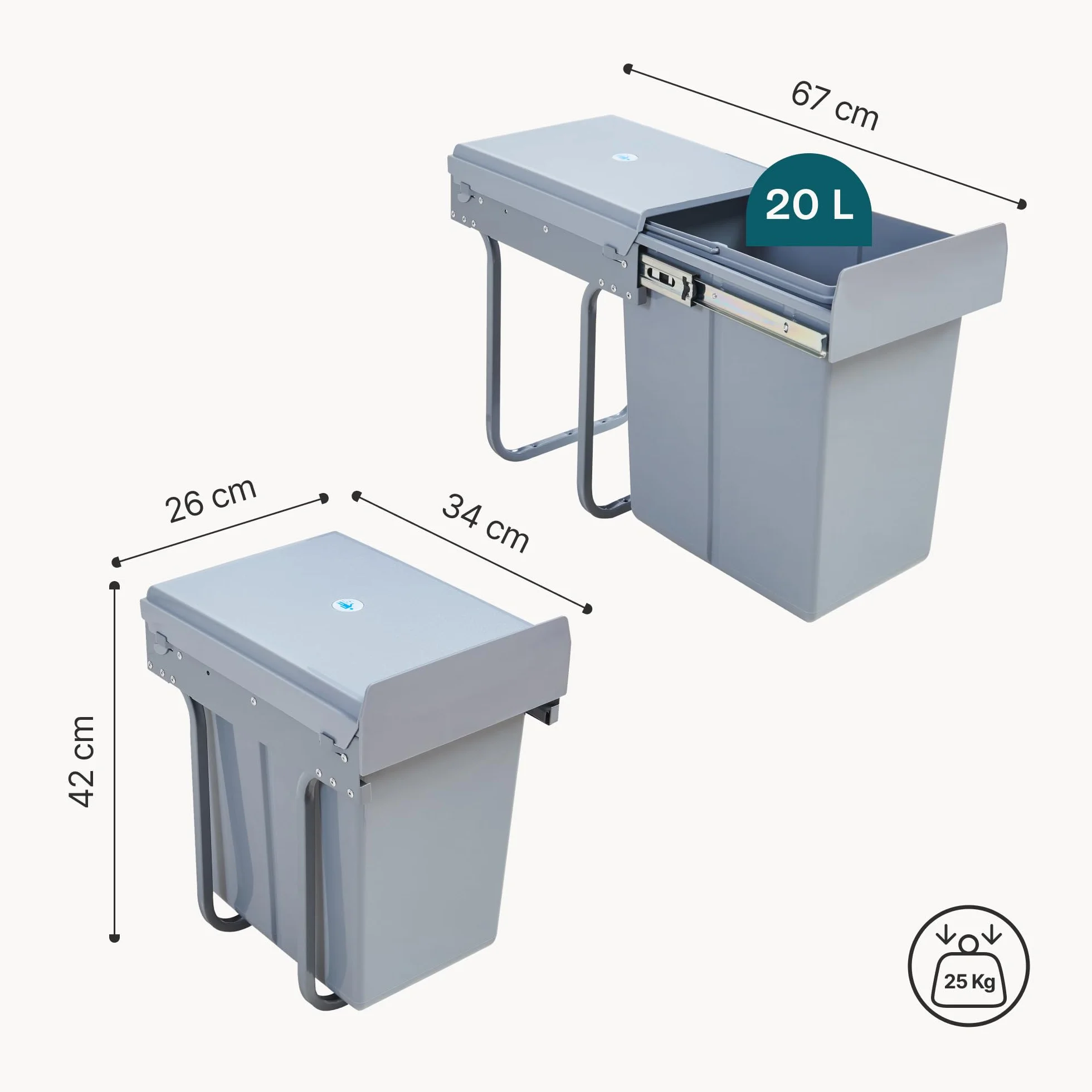 Poubelle Encastrable sur Rails Coulissants Tri Sélectif Sous Évier 1 x 20L Gris Acier Plastique 34 x 26 x 42 cm
