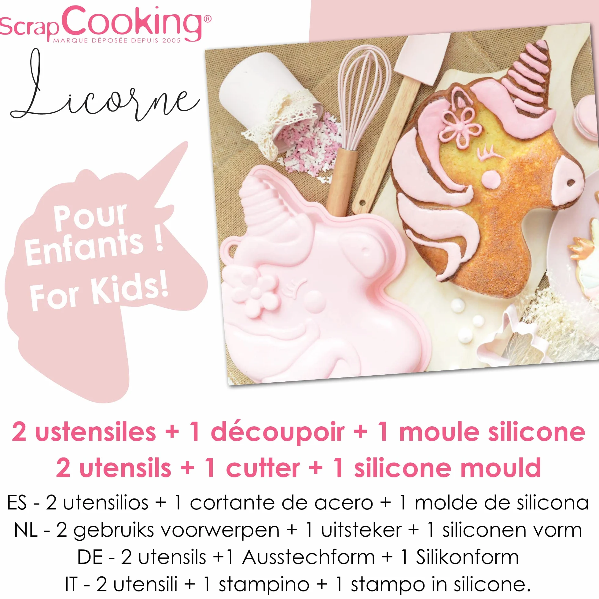 ScrapCooking Coffret Pâtisserie Licorne Enfants 4 Ustensiles Fouet Cuillère Moule Découpoir Bois Silicone Inox