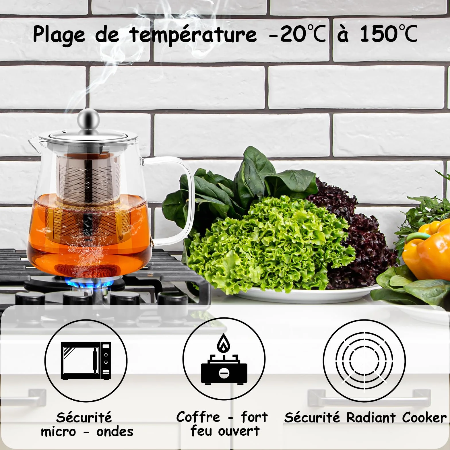 Théière en Verre Borosilicate 950ml avec Infuseur Acier Inoxydable 304 pour Thé en Vrac