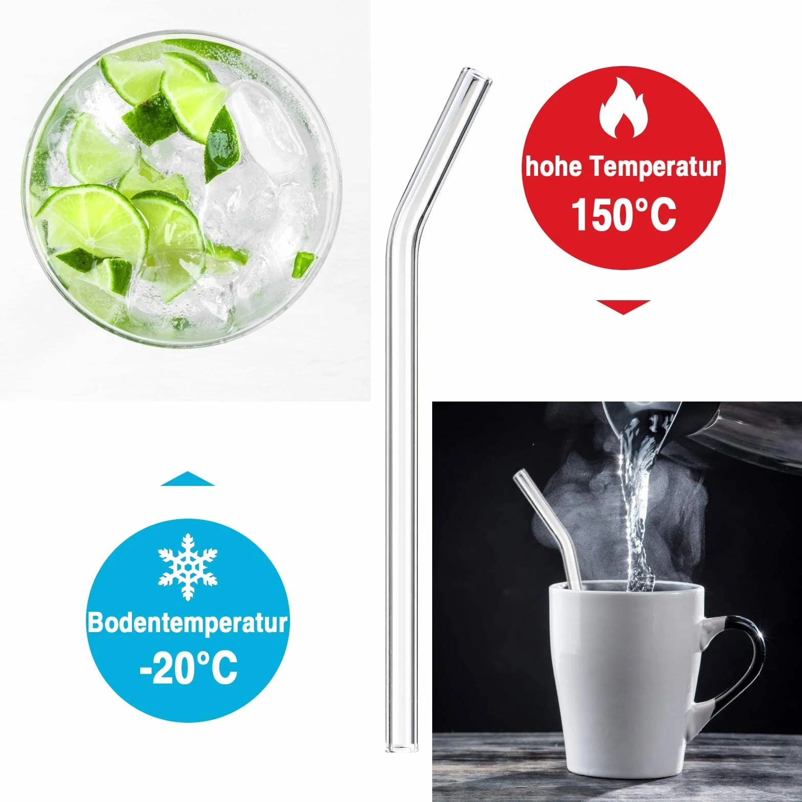 Pailles en Verre Réutilisables 20cm Transparente Courbée avec Brosses de Nettoyage