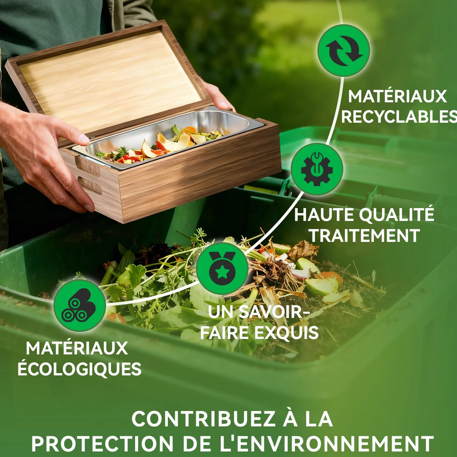 Poubelle de Cuisine 4L Bois véritable Acier Inoxydable Anti-odeurs pour déchets Alimentaires avec récipient intérieur Amovible Noyer