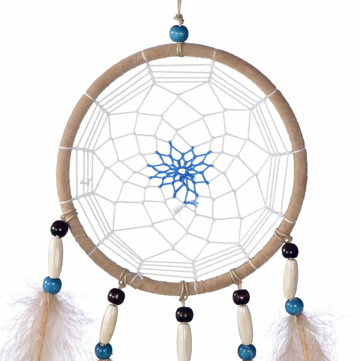 DonDon Attrape-rêves Dreamcatcher avec Perles et Vraies Plumes Châtain Clair Ø 14 cm
