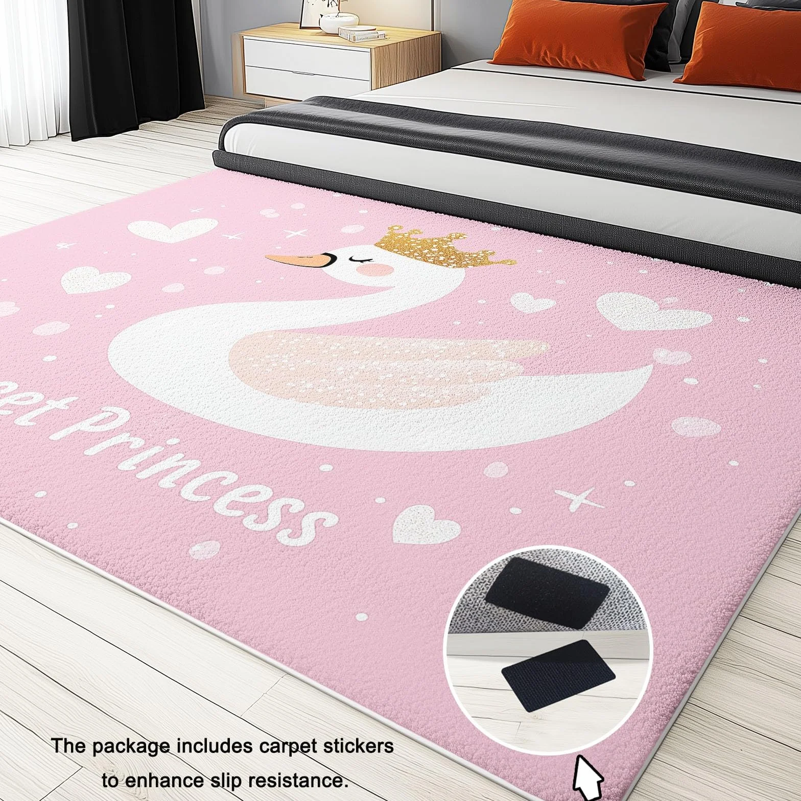 Tapis Salon Poil Court Lavable Antidérapant 60x110 cm Rose Blanc Motif Cygne Princesse