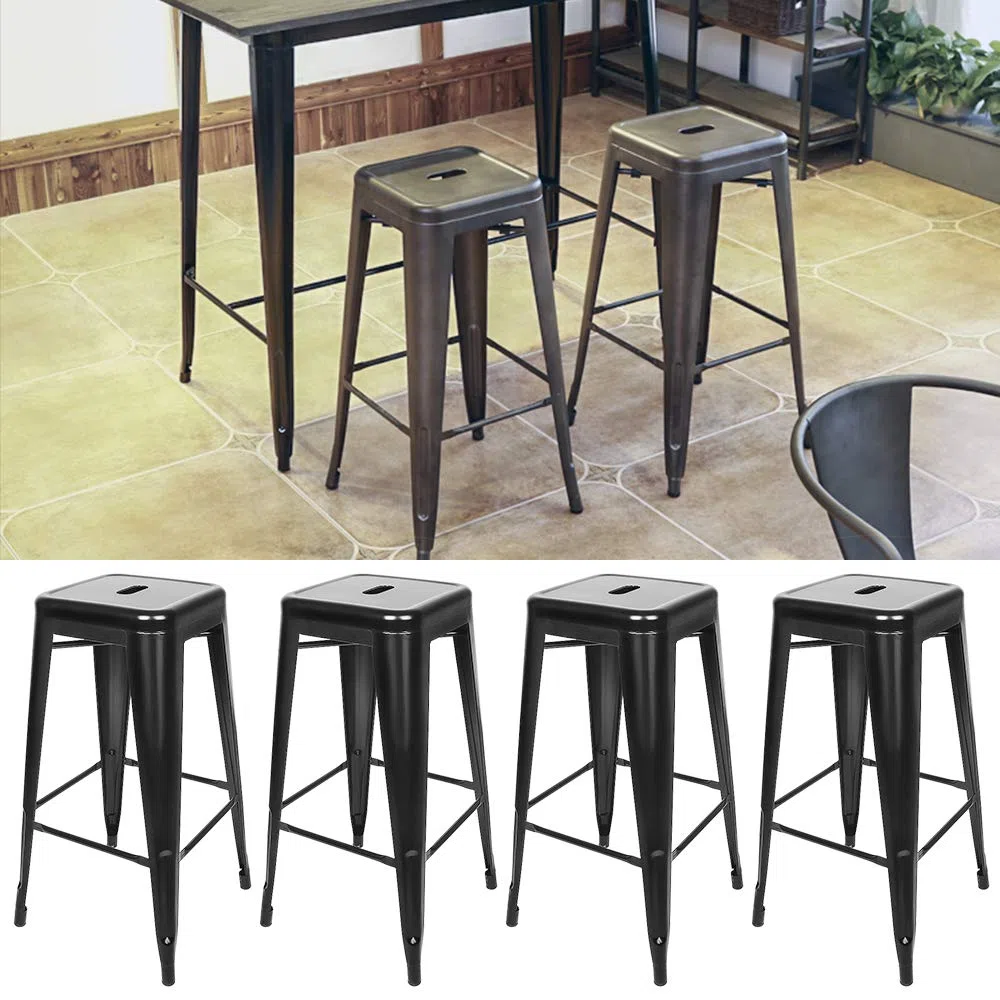DDMINE Lot de 4 Tabourets de Bar Industriel, Tabouret Bar Tabourets Haut Empilable, Chaise de Bar Metal pour Exterieur Interieur, Max. 150kg (Noir, Hauteur 76cm)