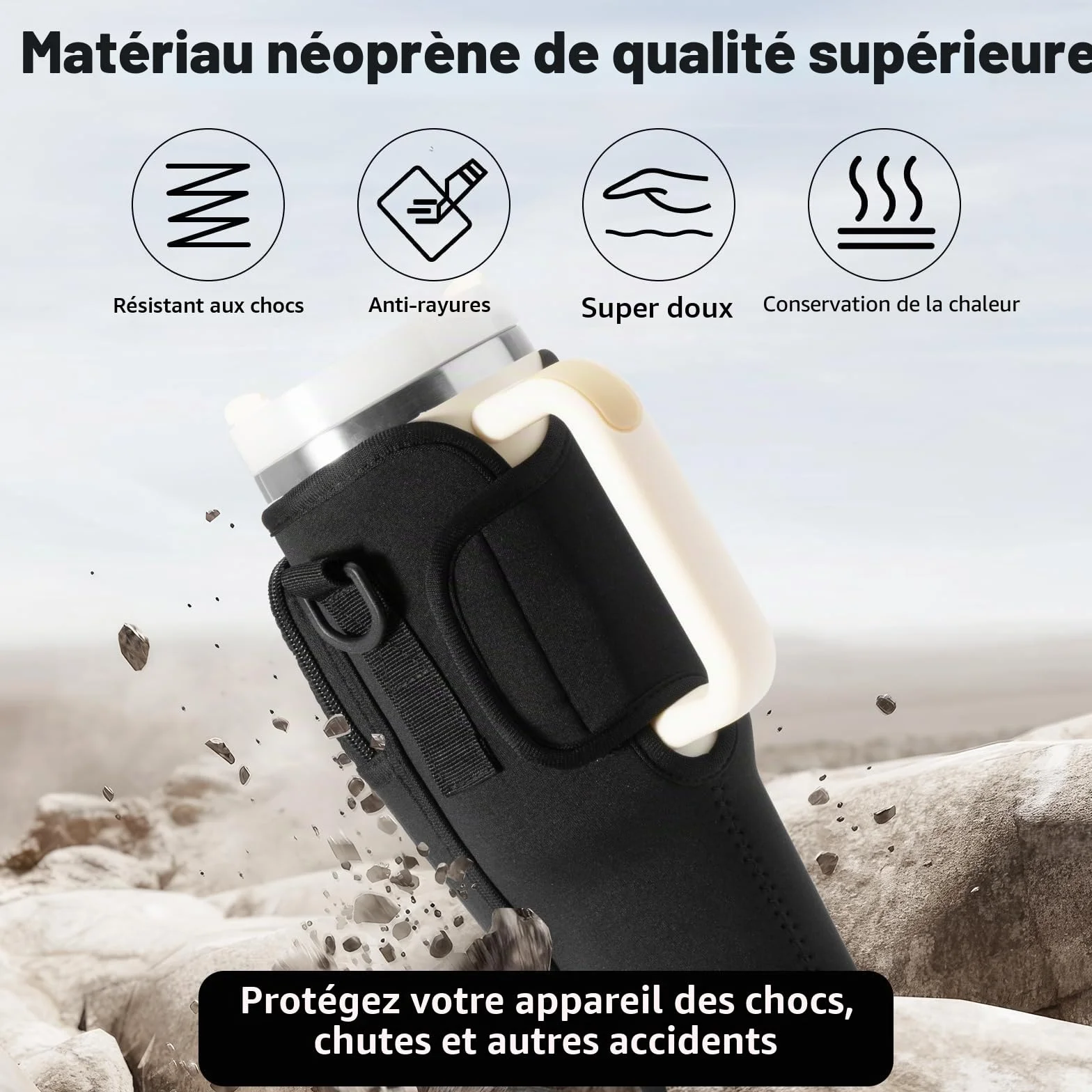 Stanley Cup Sac porte-bouteille d'eau avec sangle, accessoires paille anti-fuite et mousqueton - Noir