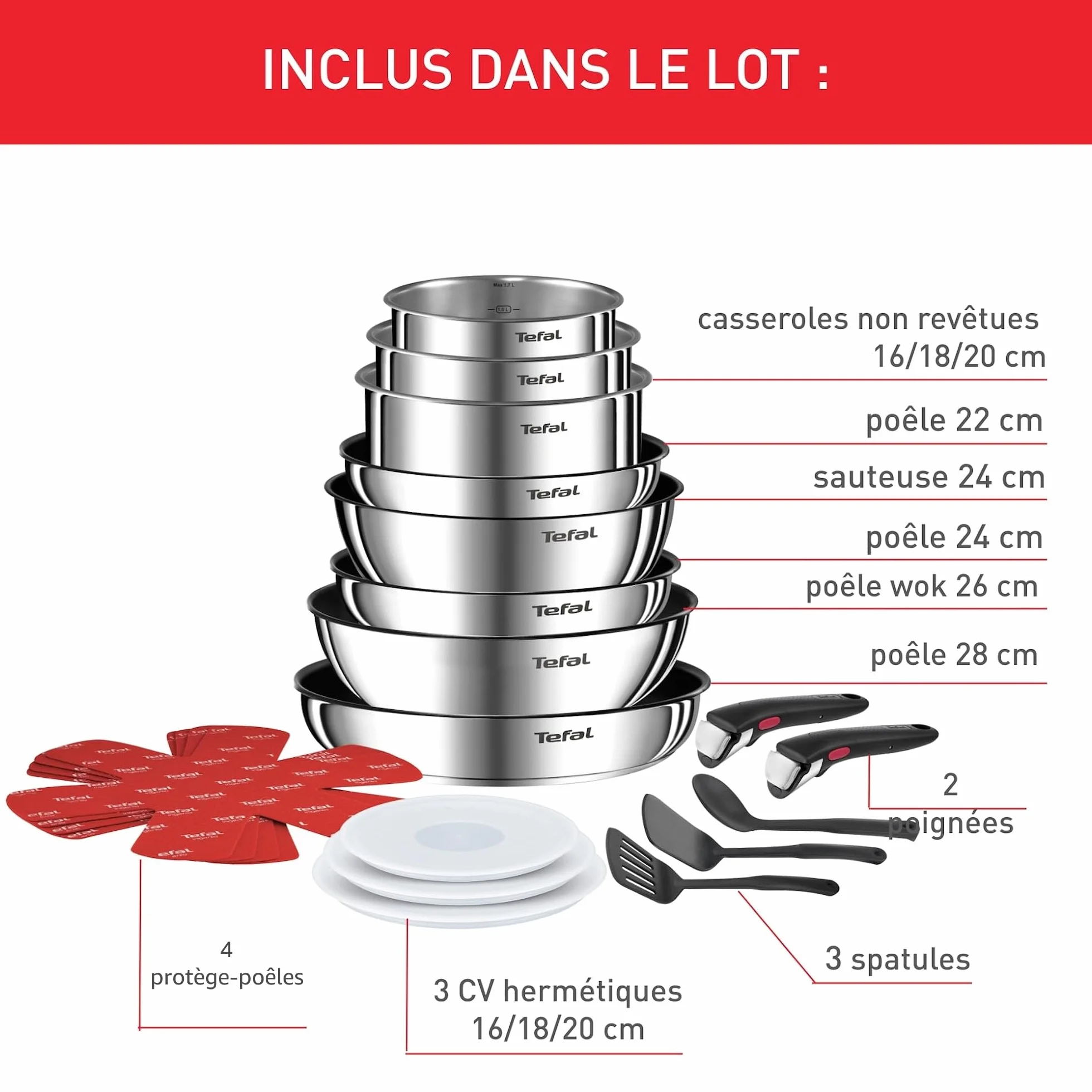 Tefal Ingenio Batterie de cuisine 20 pièces Induction Revêtement antiadhésif Empilable L897SK04