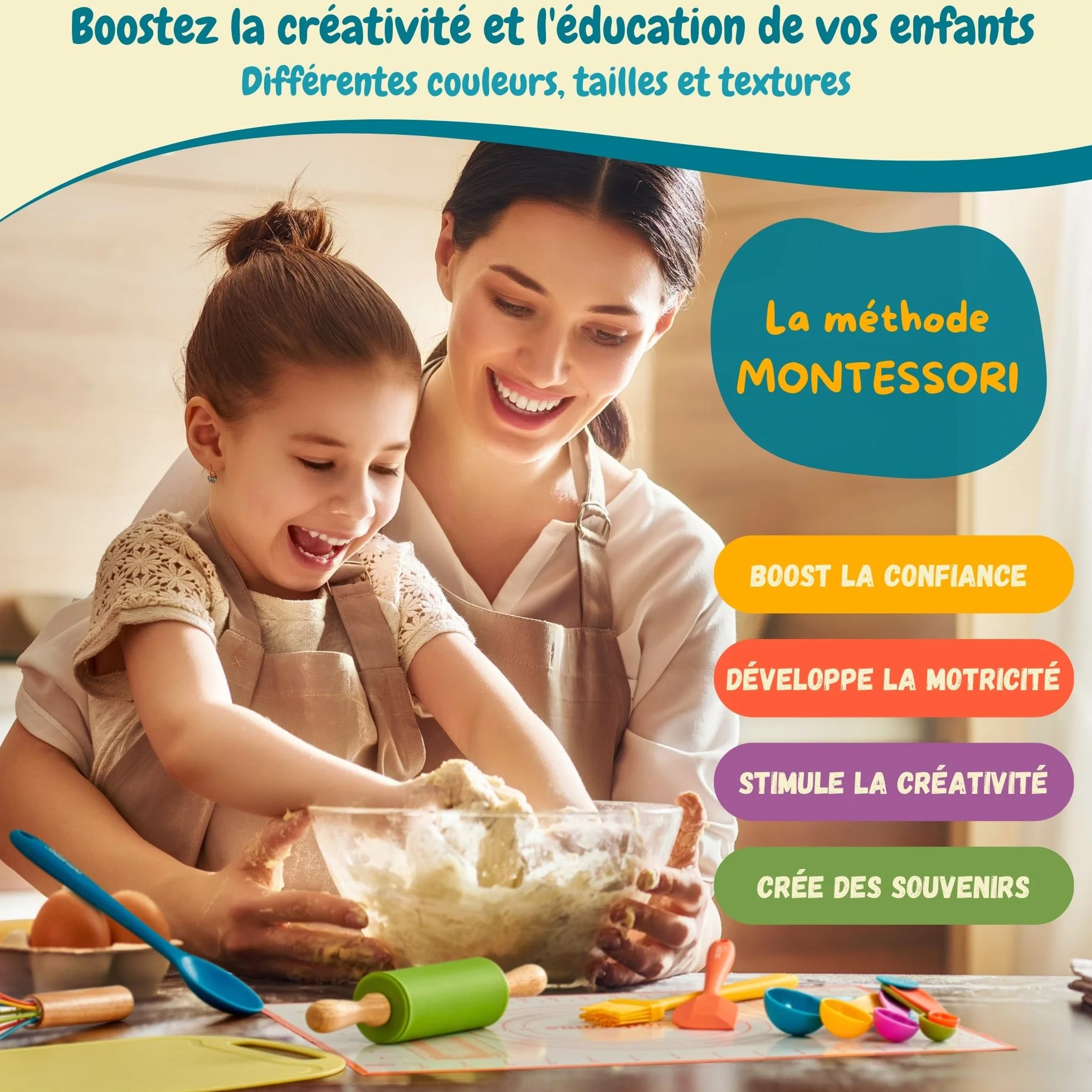 Kit Cuisine Enfant Montessori avec Couteaux Sécurisés - Vrais Ustensiles sans BPA, Set Couteau et Planche à découper, Coffret Cadeau Petit Chef 3 Ans