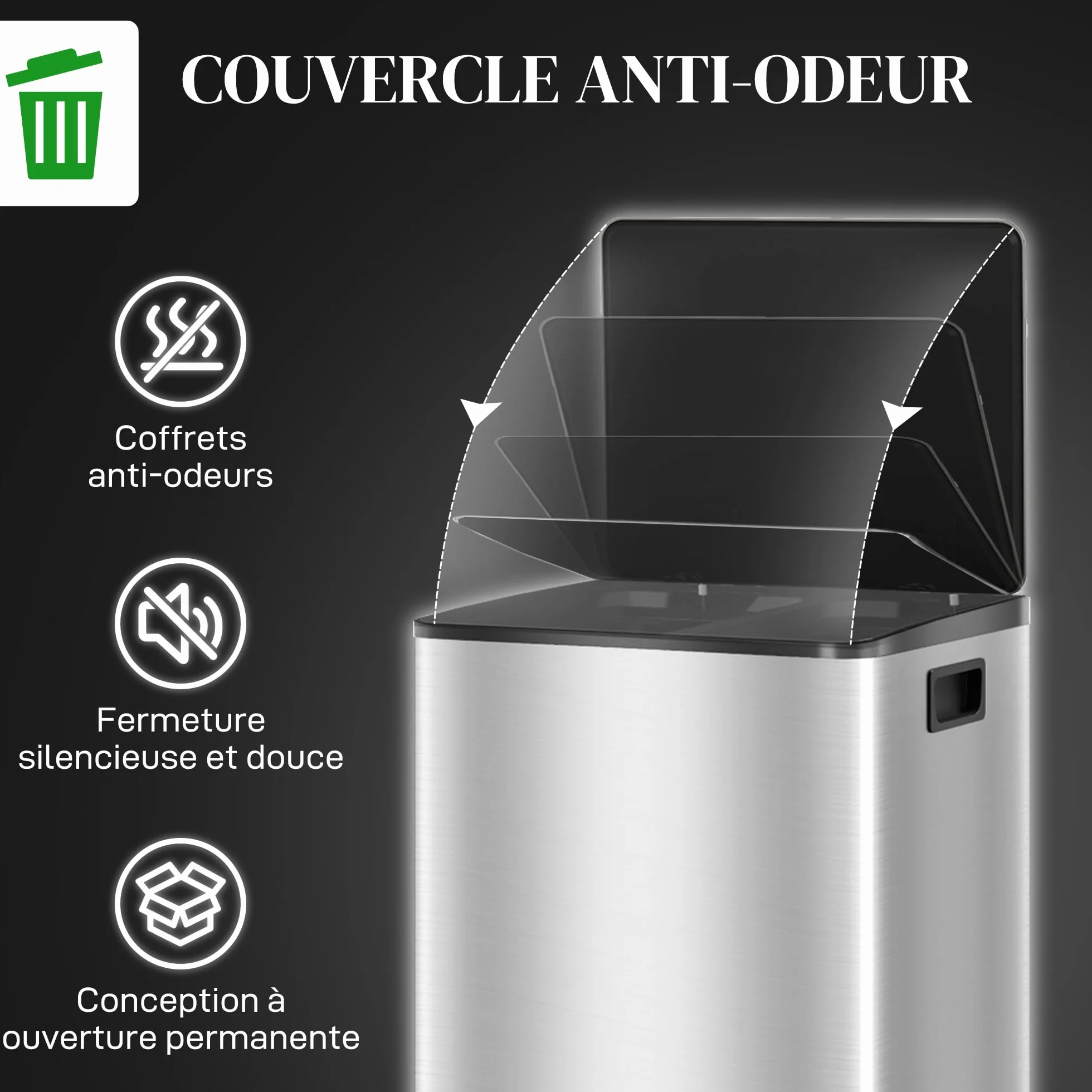 HOMCOM Poubelle de cuisine 2 x 30L à pédale acier inoxydable couvercle fermeture douce seaux amovibles 47,7x37,5x66,8 cm argenté