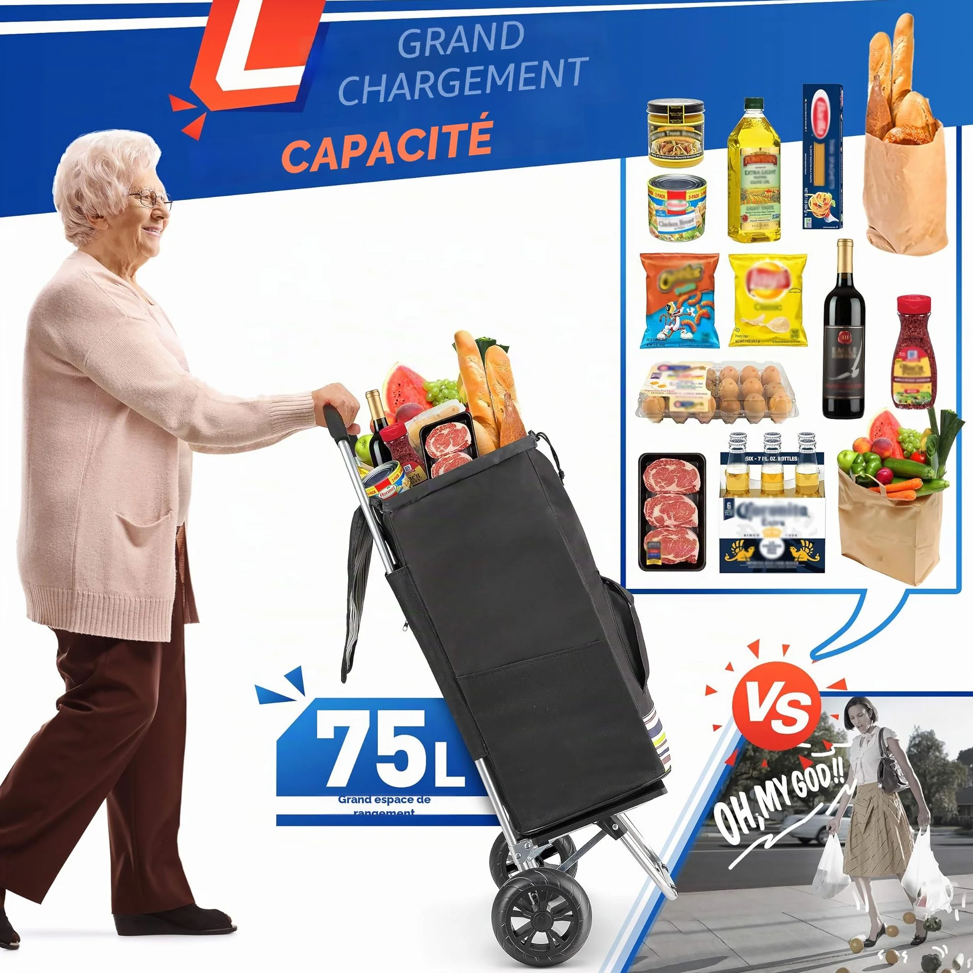 Chariot de Courses 75L Pliable 2 en 1 Diable Caddie à 2 Roues Shopping Trolley Noir