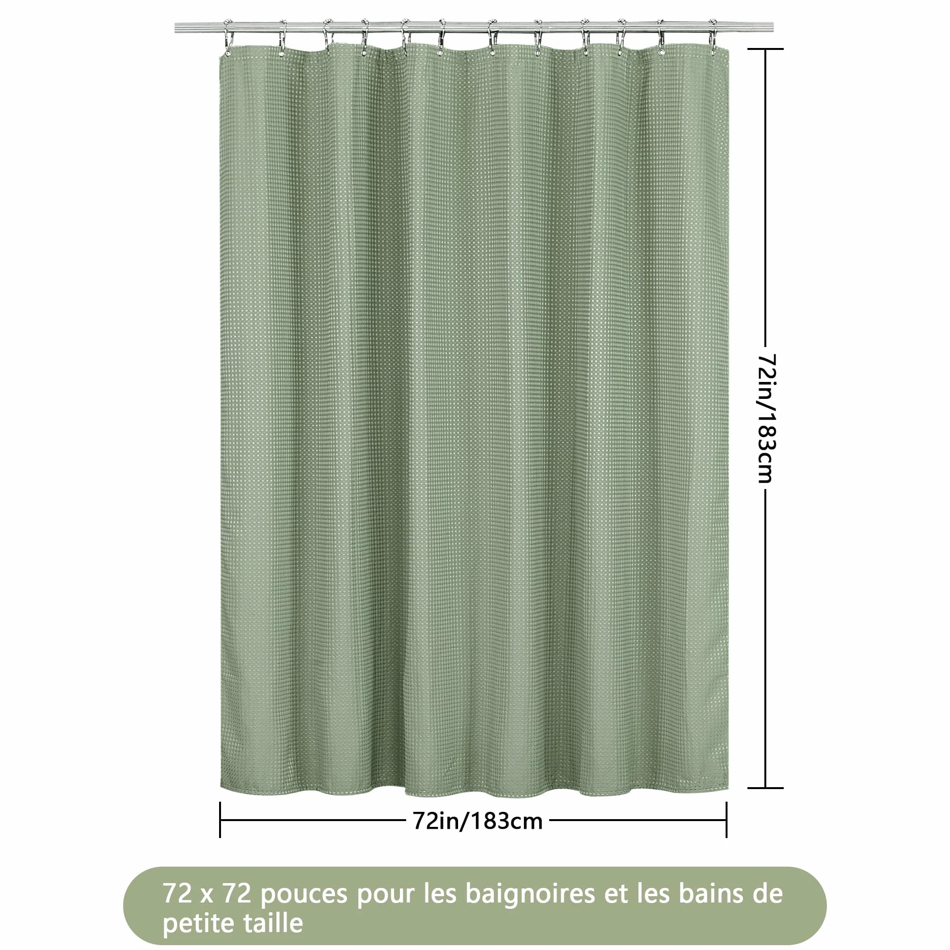 Rideau de Douche en Tissu Polyester Lavable en Machine Imperméable 183 x 183 cm avec 12 Crochets Vert