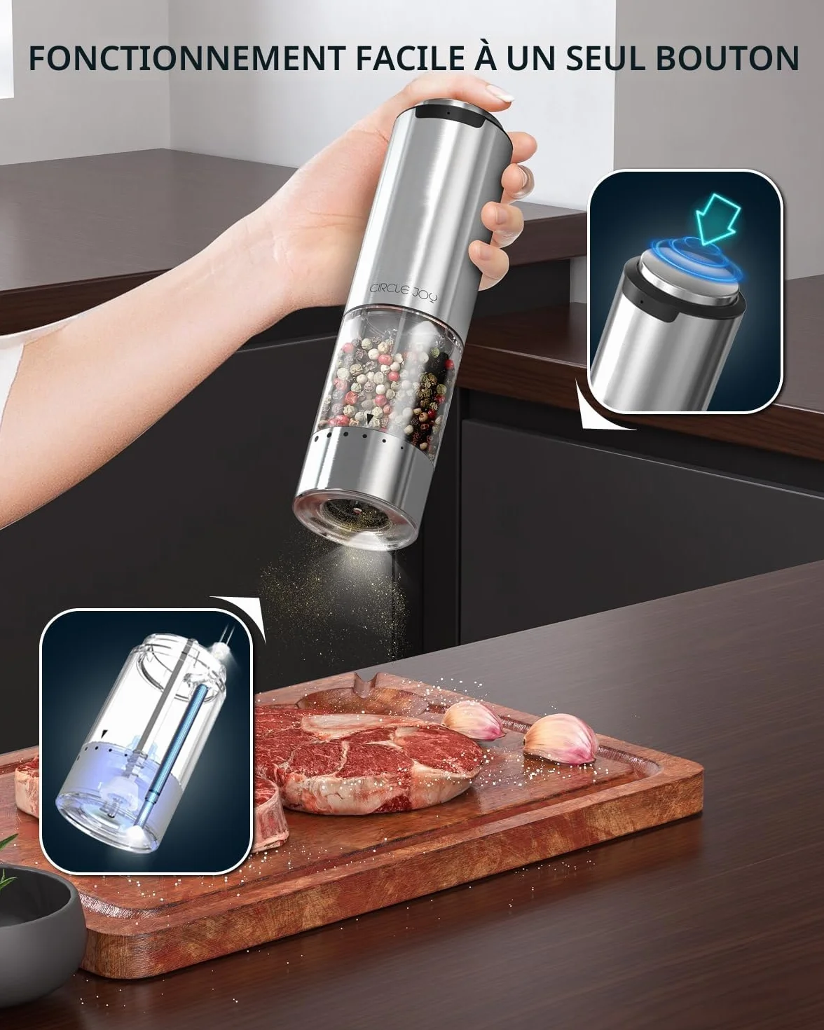 Moulin à Poivre Électrique en Acier Inoxydable Rechargeable 95ml avec Lumière LED Blanche