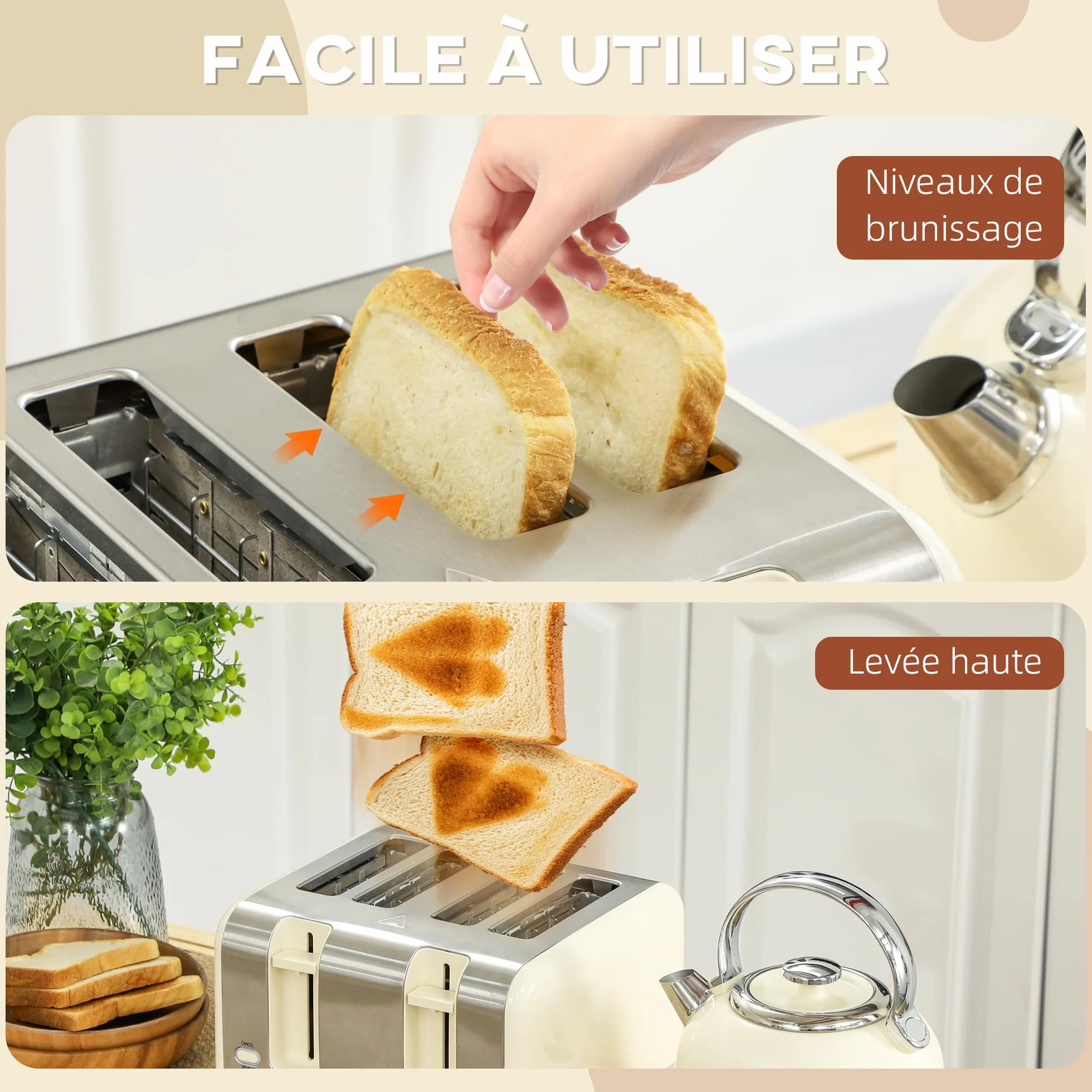 HOMCOM Ensemble bouilloire et grille-pain 2200 W, bouilloire inox 1,7 L, grille-pain 4 tranches, 7 niveaux brunissage, crème