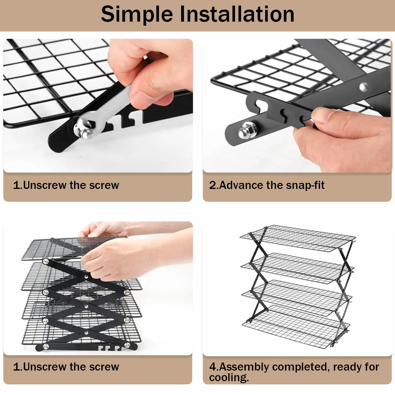 Grille de Refroidissement Pâtisserie 4 Niveaux Pliable, Hauteur Réglable, Four et Lave-Vaisselle Safe