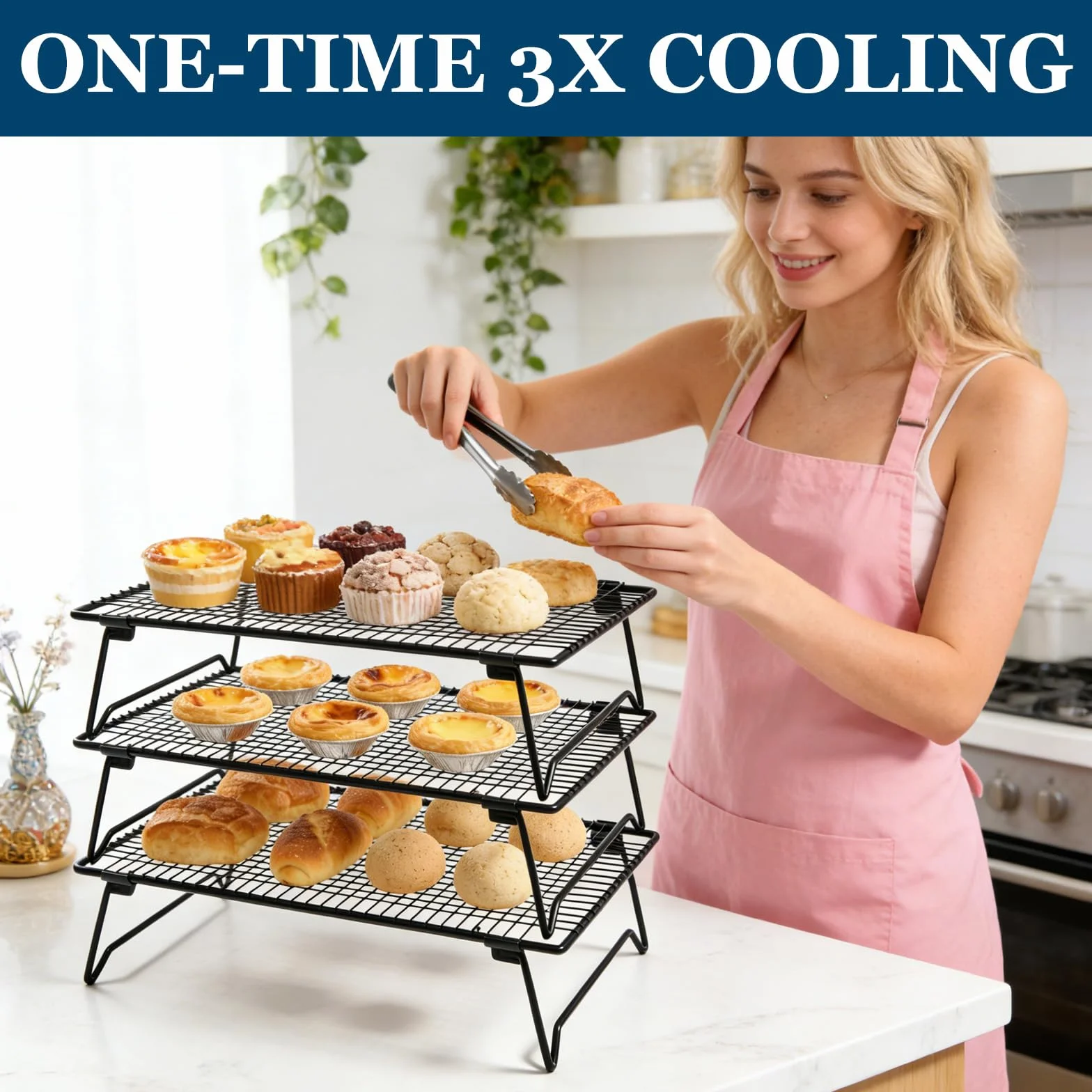 Grille de Refroidissement Patisserie 3 Niveaux Acier Carbone Antiadhésive 43x28x8cm Pliable Empilable
