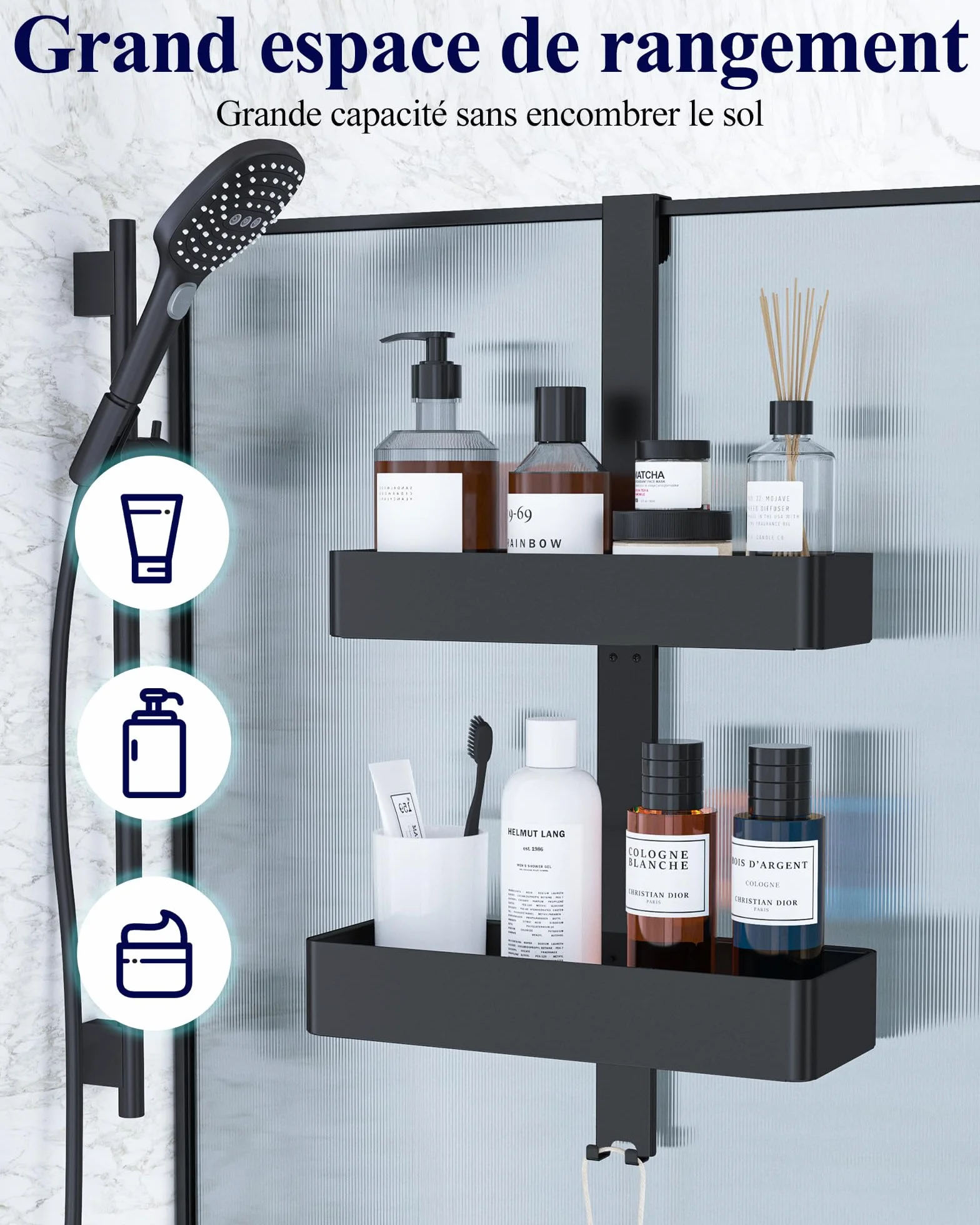 Kitsure Étagère Douche Suspendue 2 Niveaux sans Perçage Antirouille Rangement Salle de Bain Noir 29,1 x 11,2 x 55,3 cm
